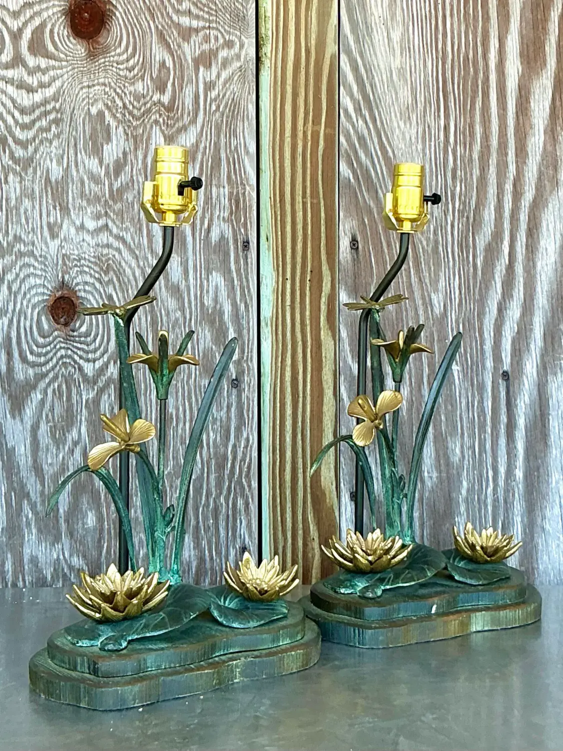 Vintage Boho Patinated Bronze Lily Pad Lamp - Back view