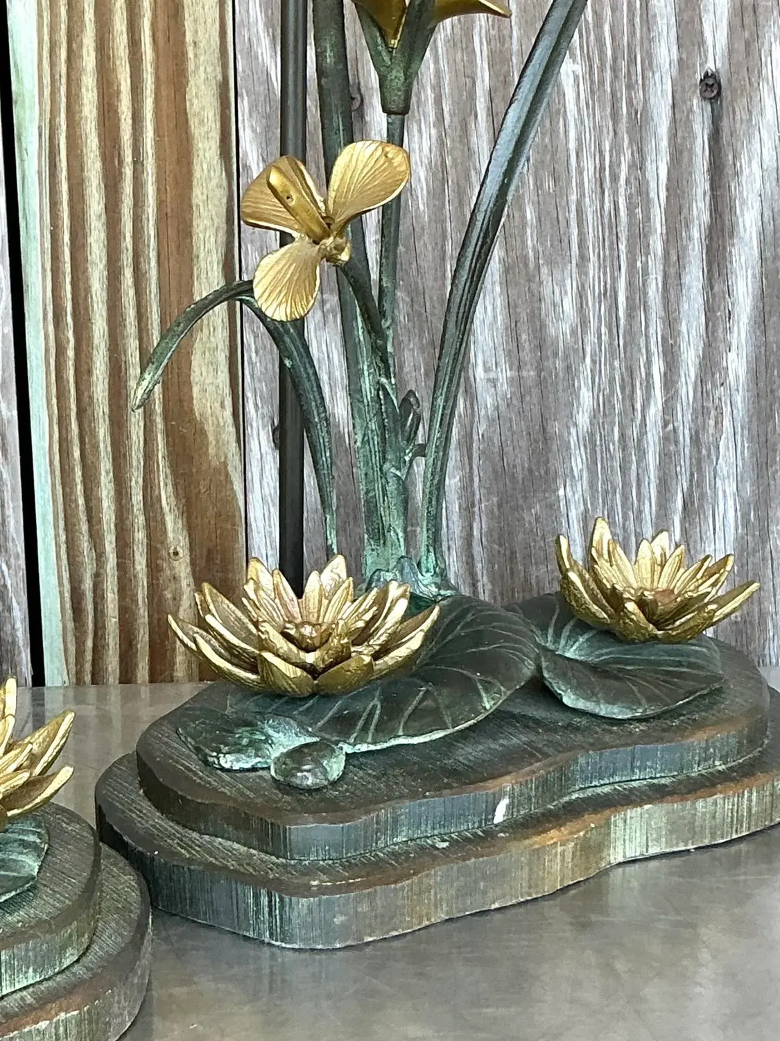 Vintage Boho Patinated Bronze Lily Pad Lamp - Top view