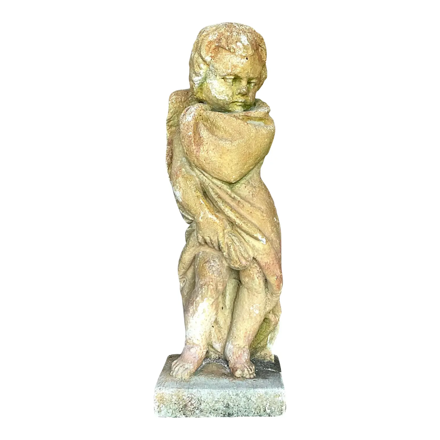 Vintage Boho Patinated Cast Concrete Putti Angel Statue