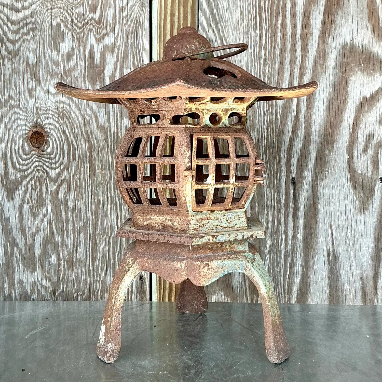 Vintage Boho Patinated Cast Iron Pagoda Lantern - Side view