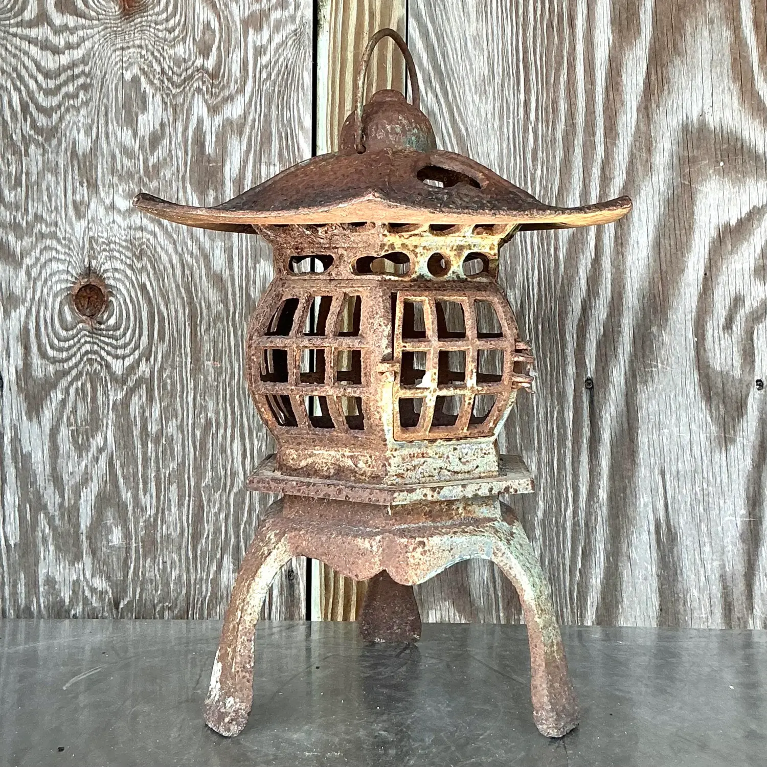 Vintage Boho Patinated Cast Iron Pagoda Lantern - Back view