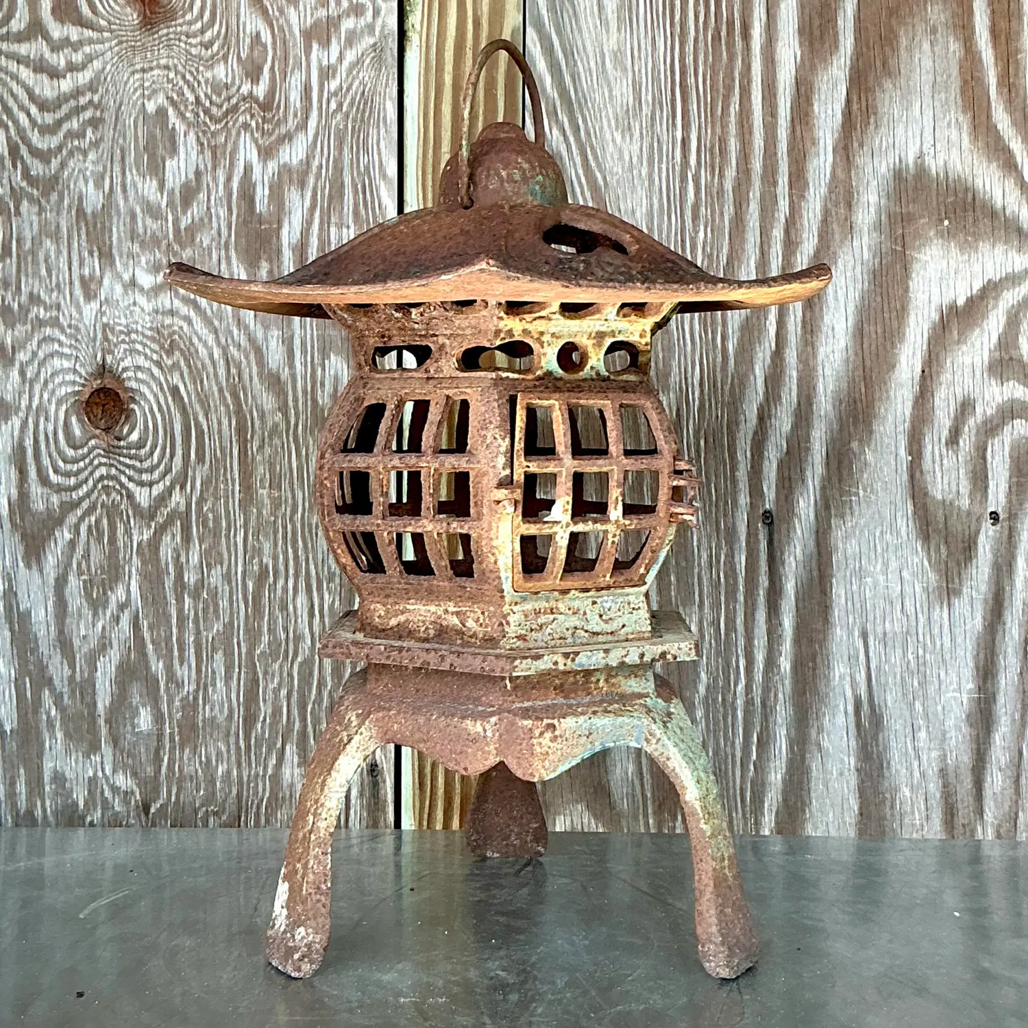 Vintage Boho Patinated Cast Iron Pagoda Lantern - Top view
