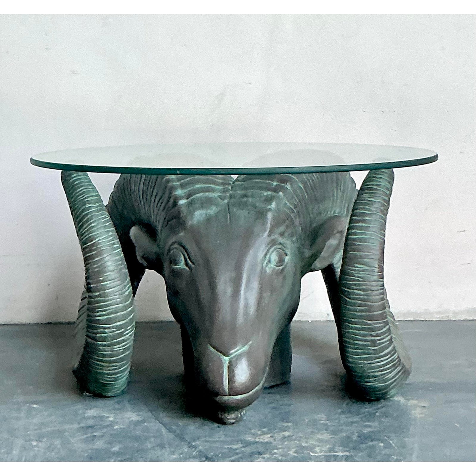Vintage Boho Patinated Cast Resin Rams Head Table - Top view