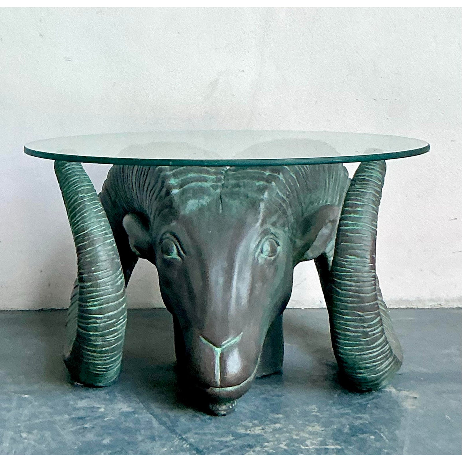 Vintage Boho Patinated Cast Resin Rams Head Table - Back view