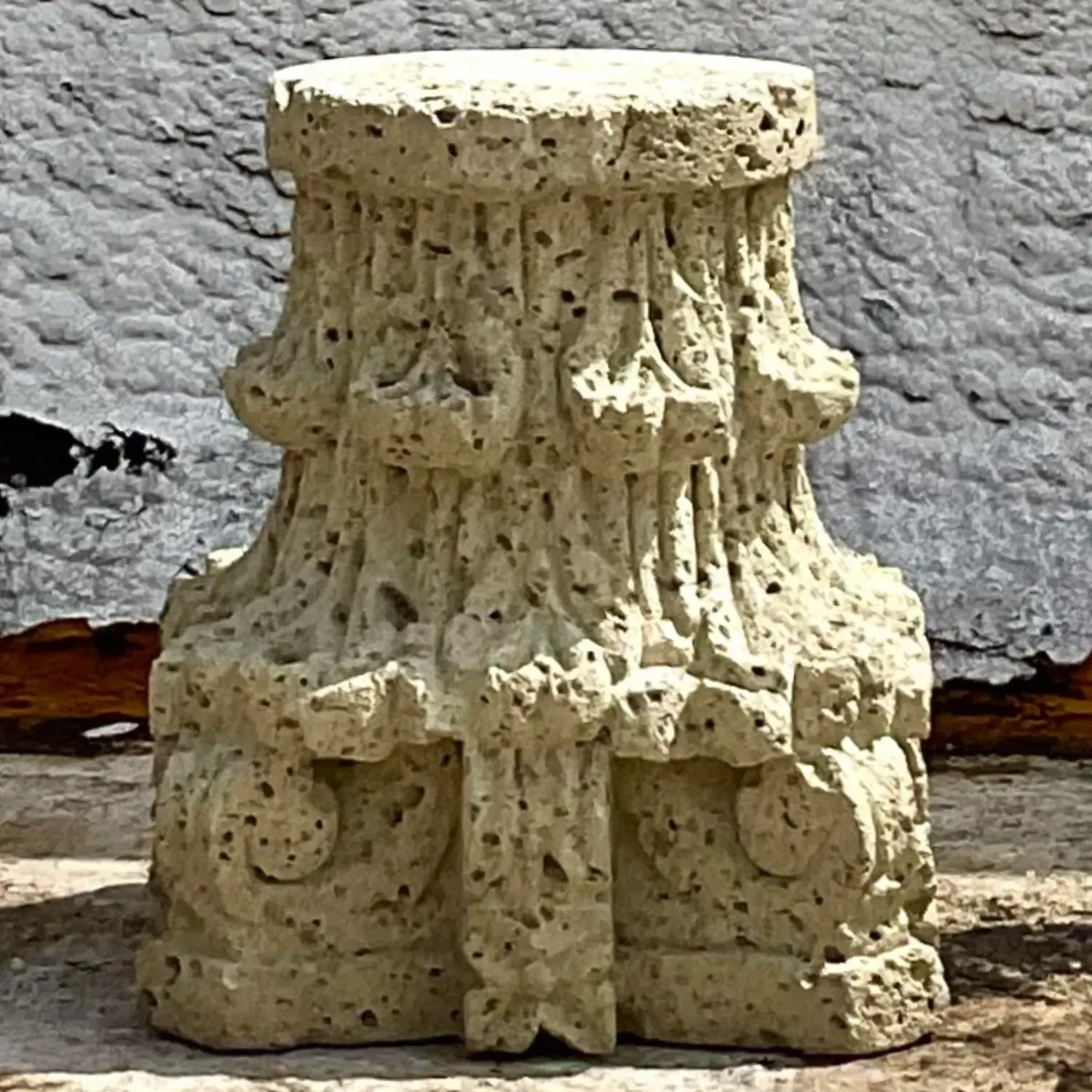 Vintage Boho Patinated Cast Stone Architectural Element Column - Detail view