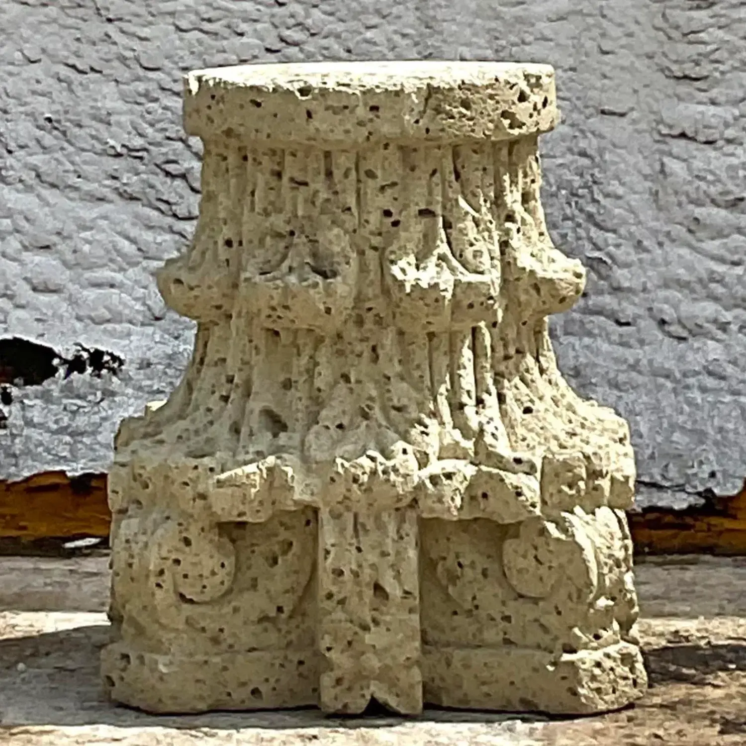 Vintage Boho Patinated Cast Stone Architectural Element Column - Back view