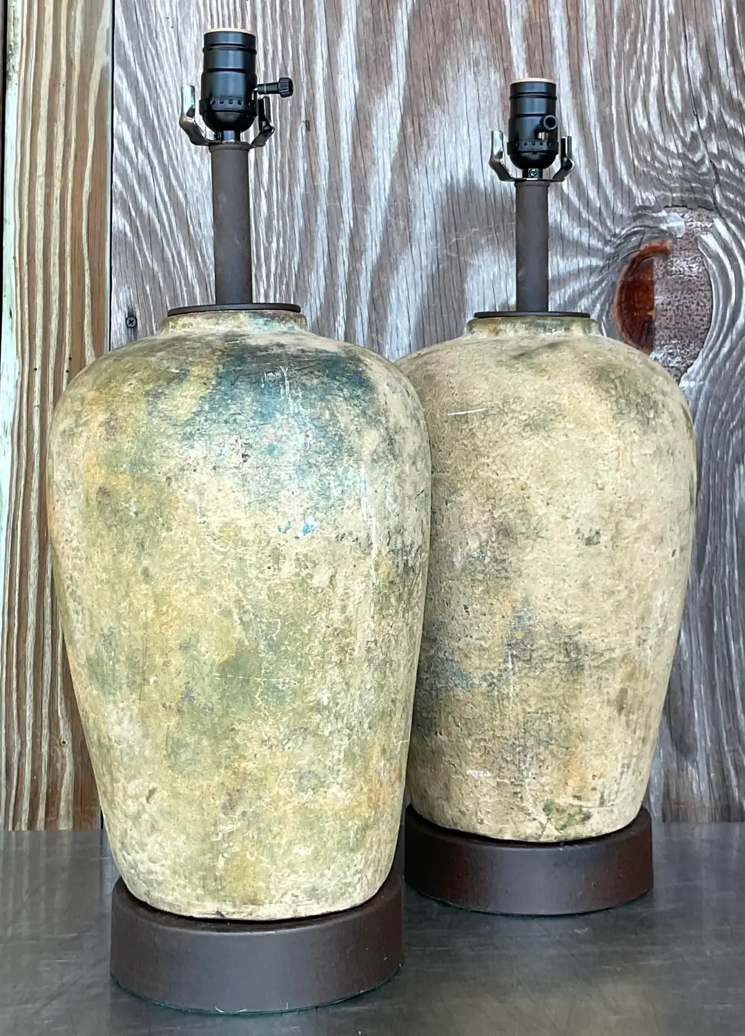 Vintage Boho Patinated Ceramic Table Lamps - a Pair - Top view