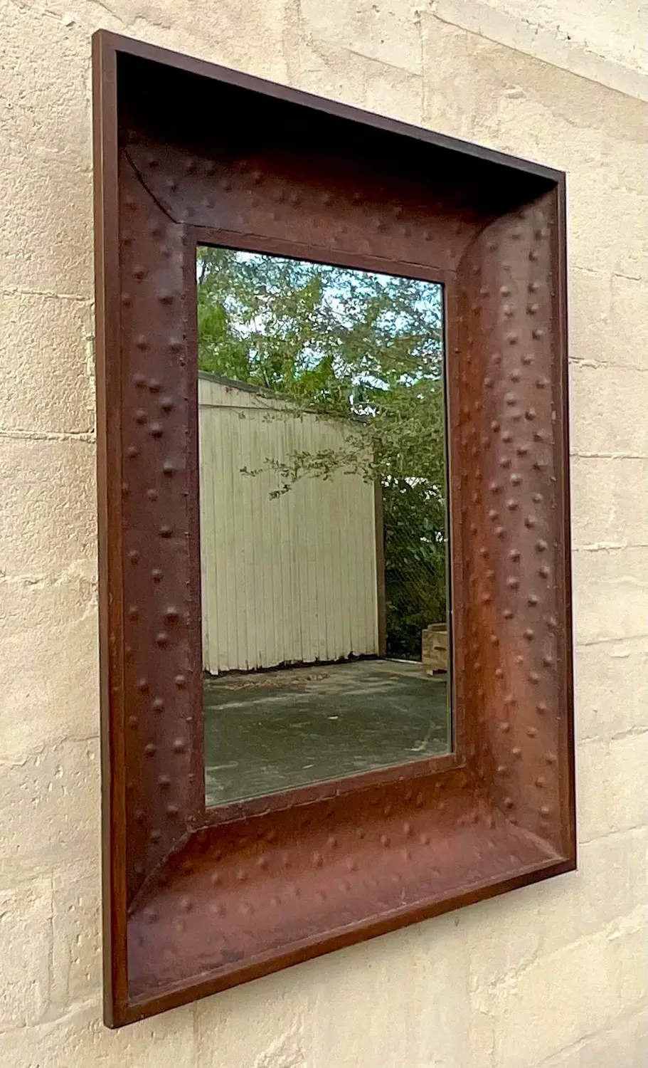 Vintage Boho Patinated Dimpled Metal Mirror - Back view