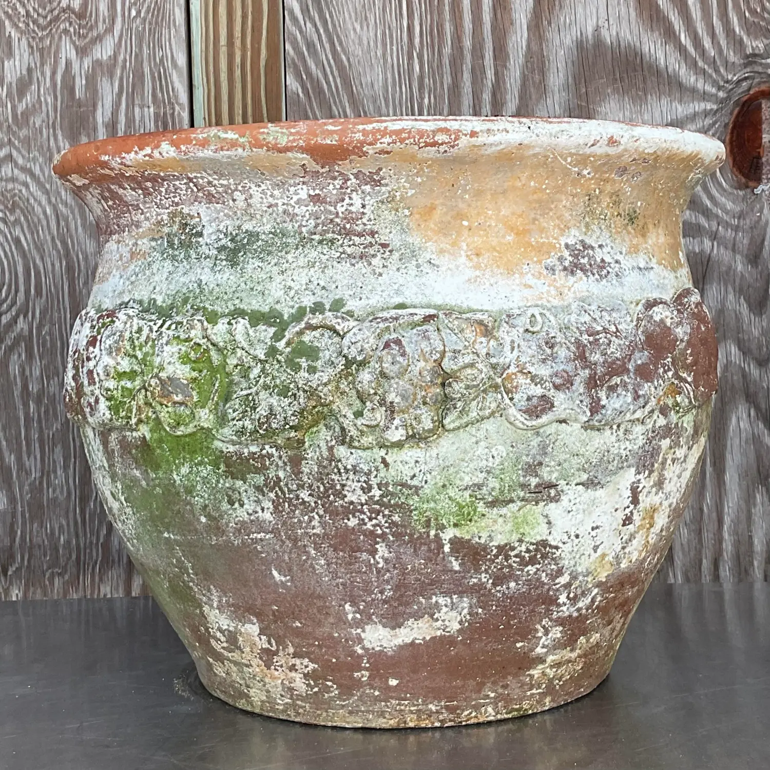 Vintage Boho Patinated Floral Band Terra Cotta Planter - Top view