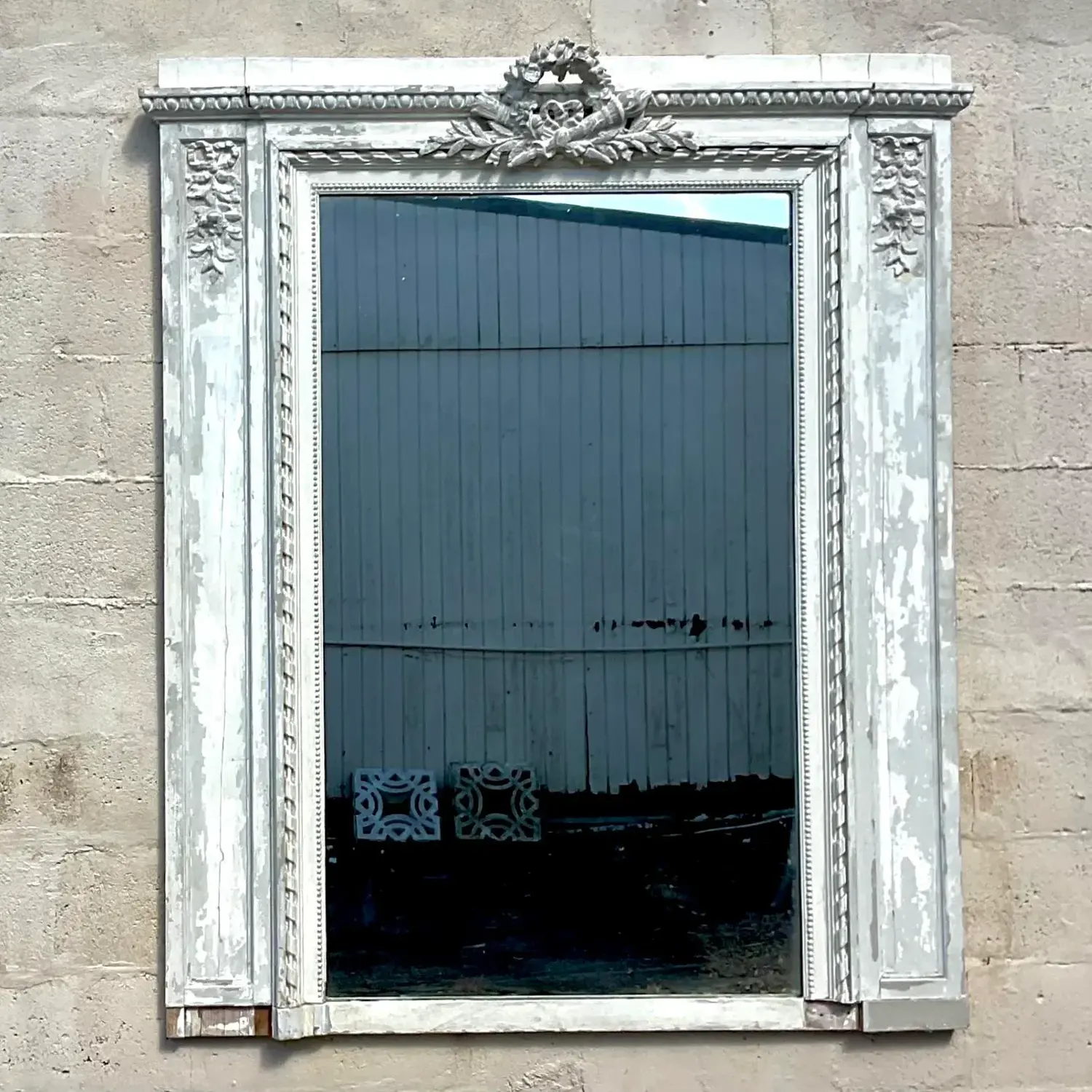 Vintage Boho Patinated Hand Carved Mirror - Top view