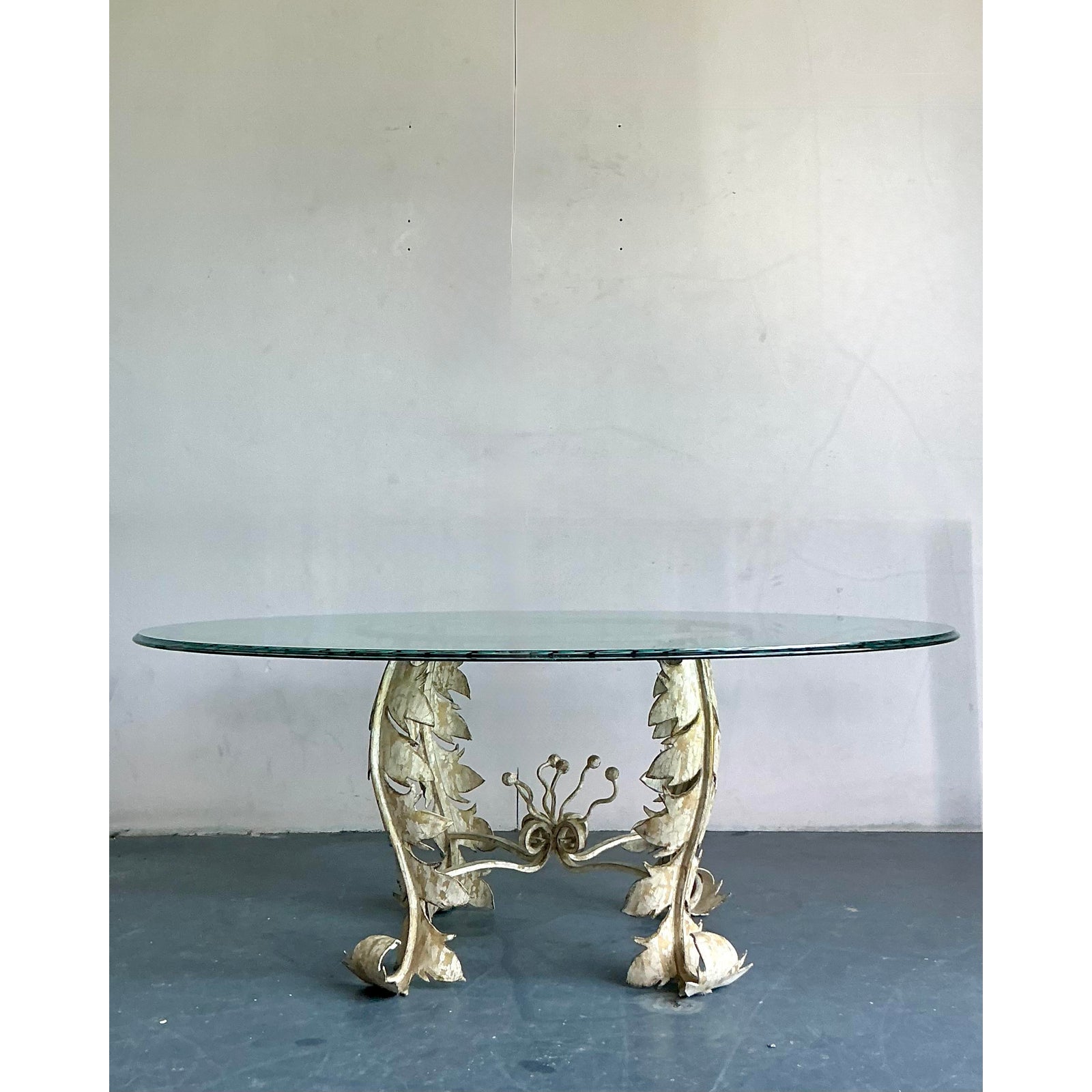 Vintage Boho Patinated Iron Dining Table With Etched Glass Top - Side view