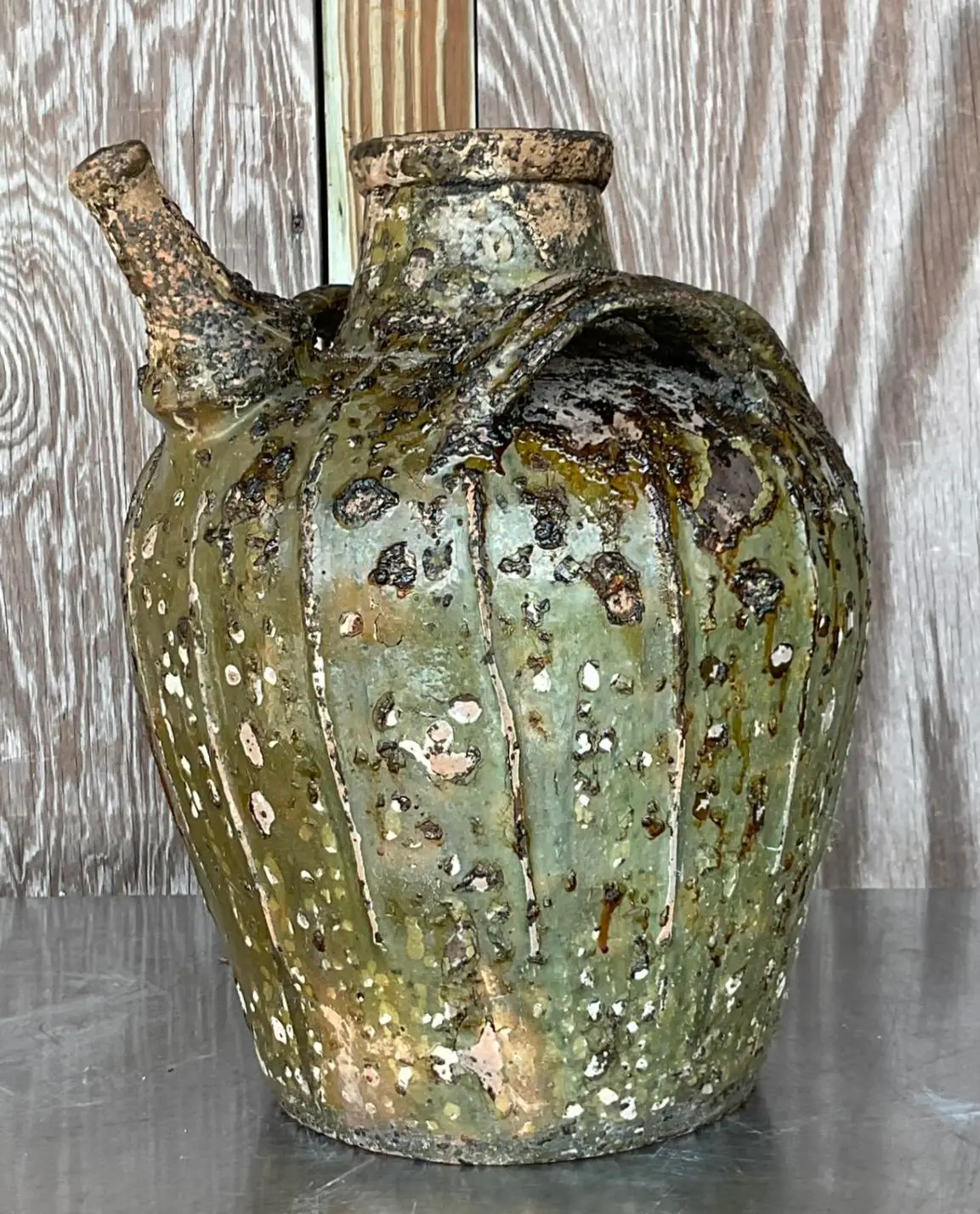 Vintage Boho Patinated Matte Glazed Ceramic Urn - Detail view