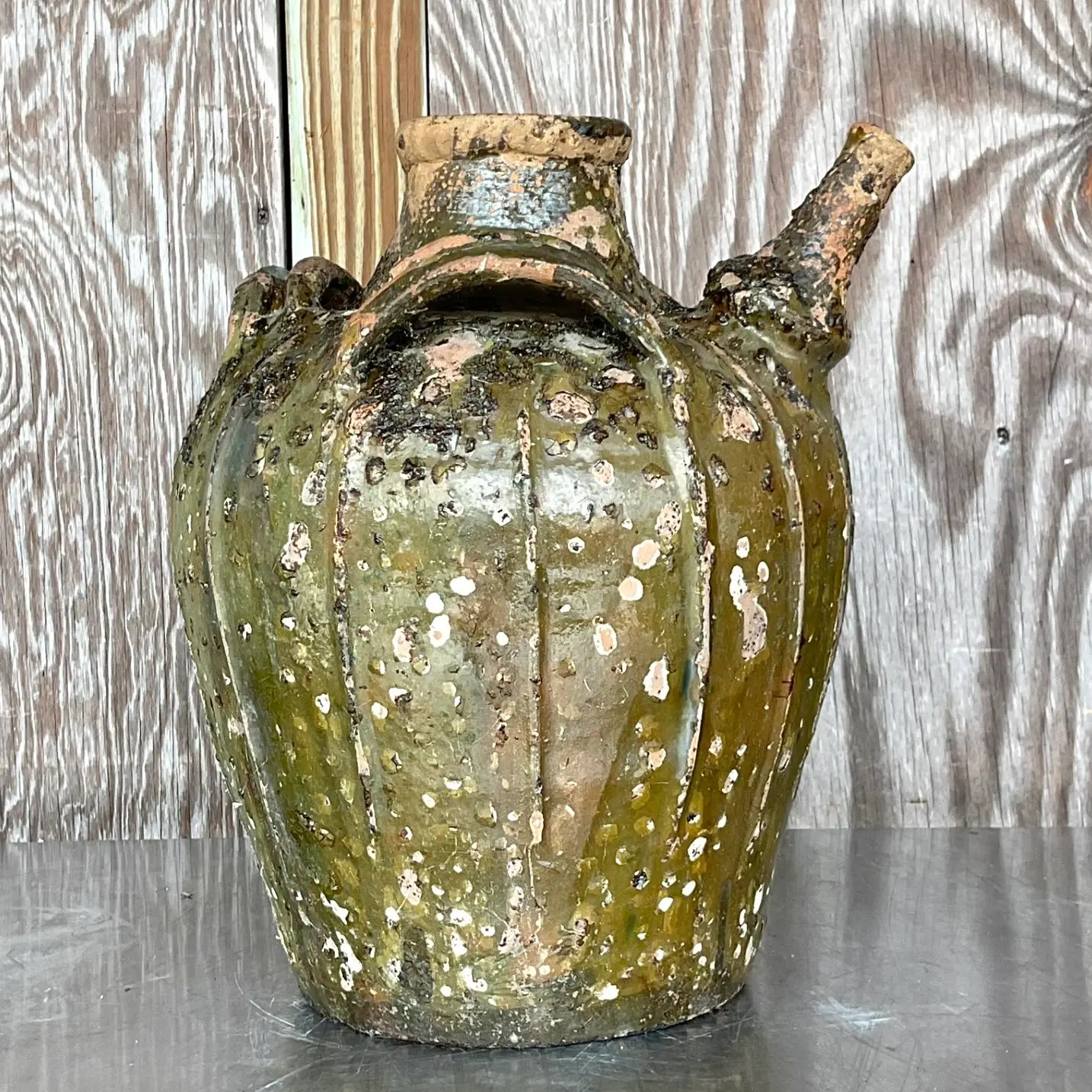 Vintage Boho Patinated Matte Glazed Ceramic Urn - Side view