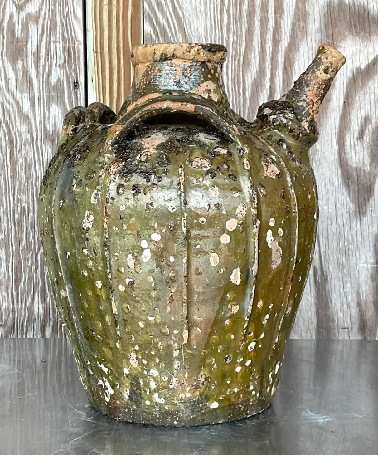 Vintage Boho Patinated Matte Glazed Ceramic Urn - Back view