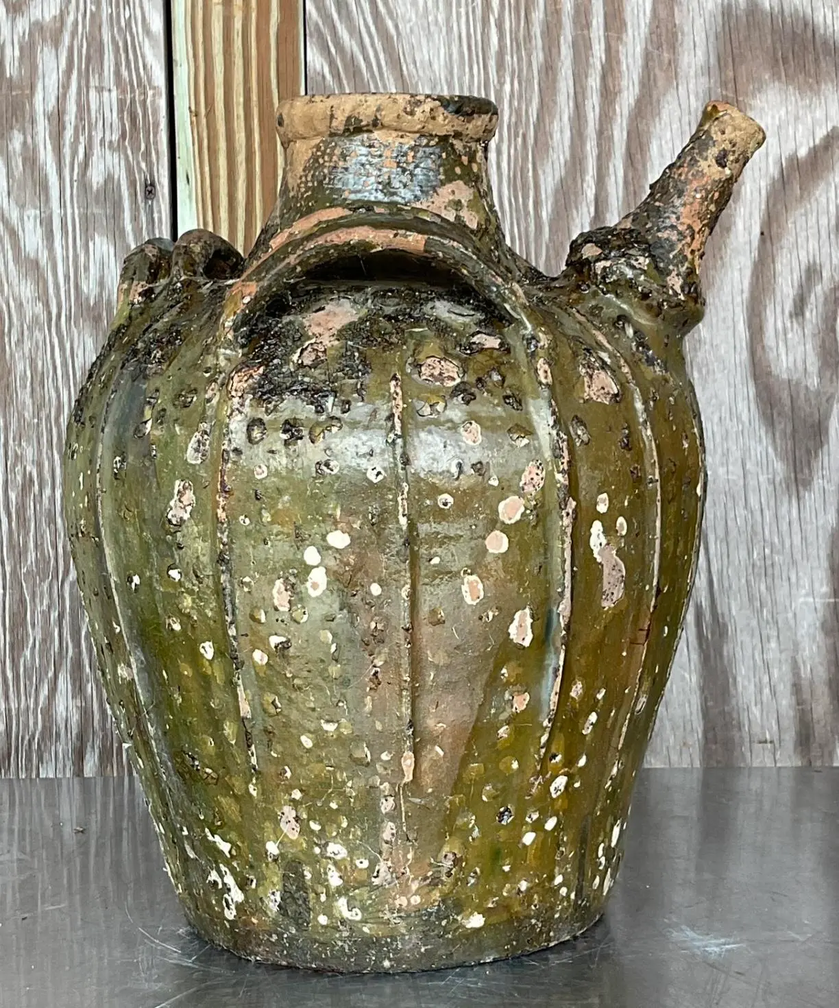 Vintage Boho Patinated Matte Glazed Ceramic Urn - Top view