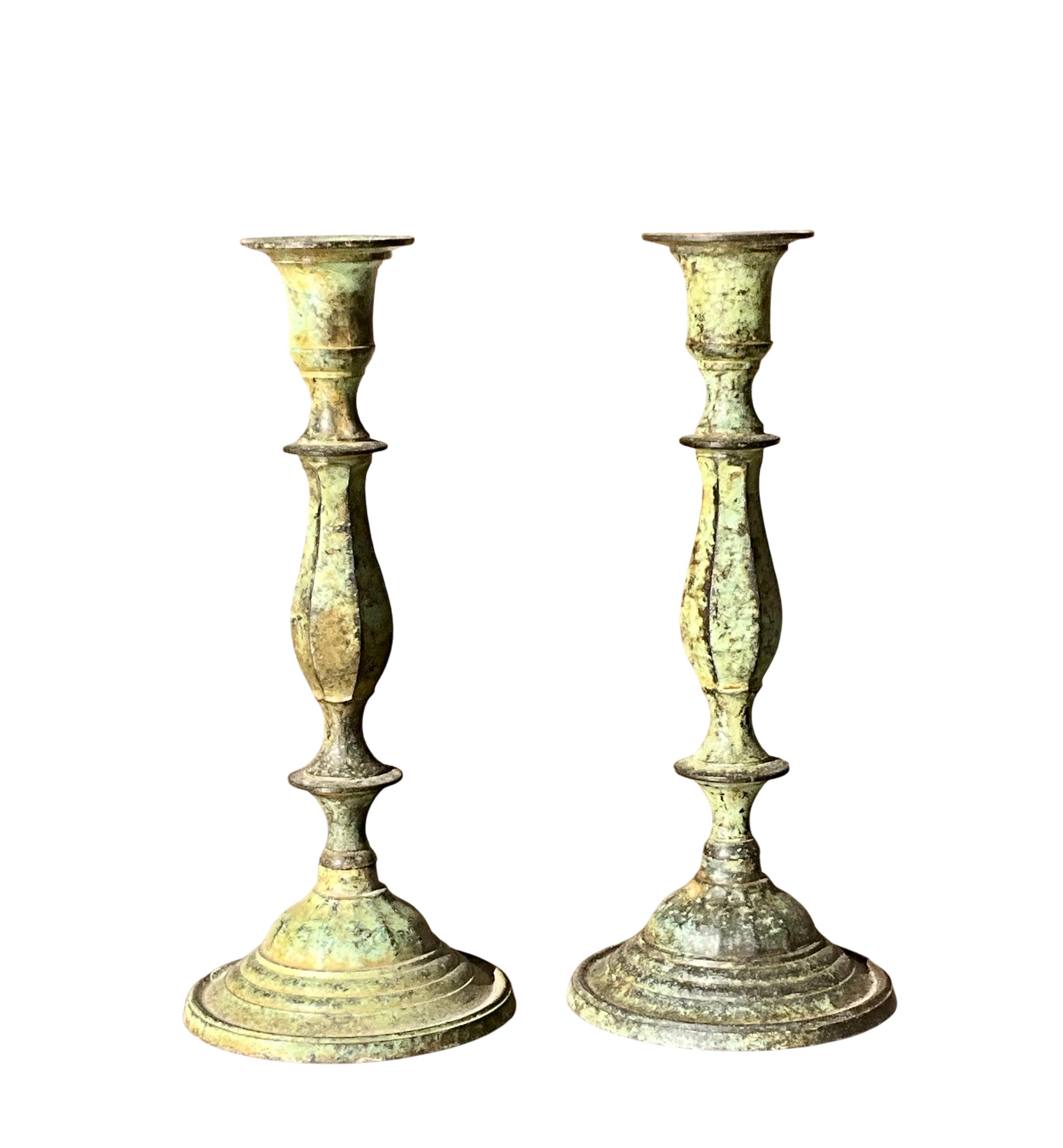Vintage Boho Patinated Metal Candlesticks- a Pair - Detail view