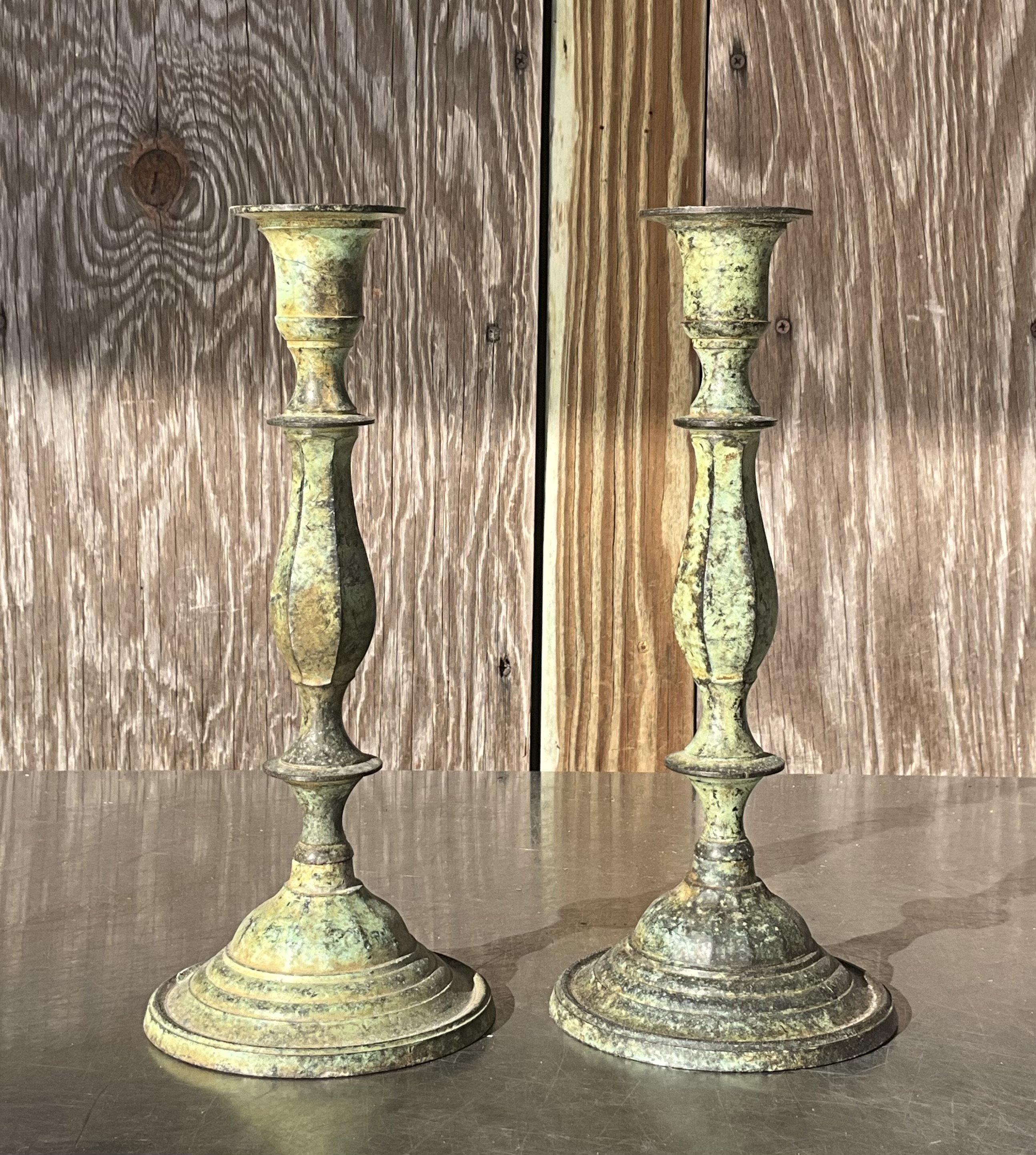 Vintage Boho Patinated Metal Candlesticks- a Pair - Side view