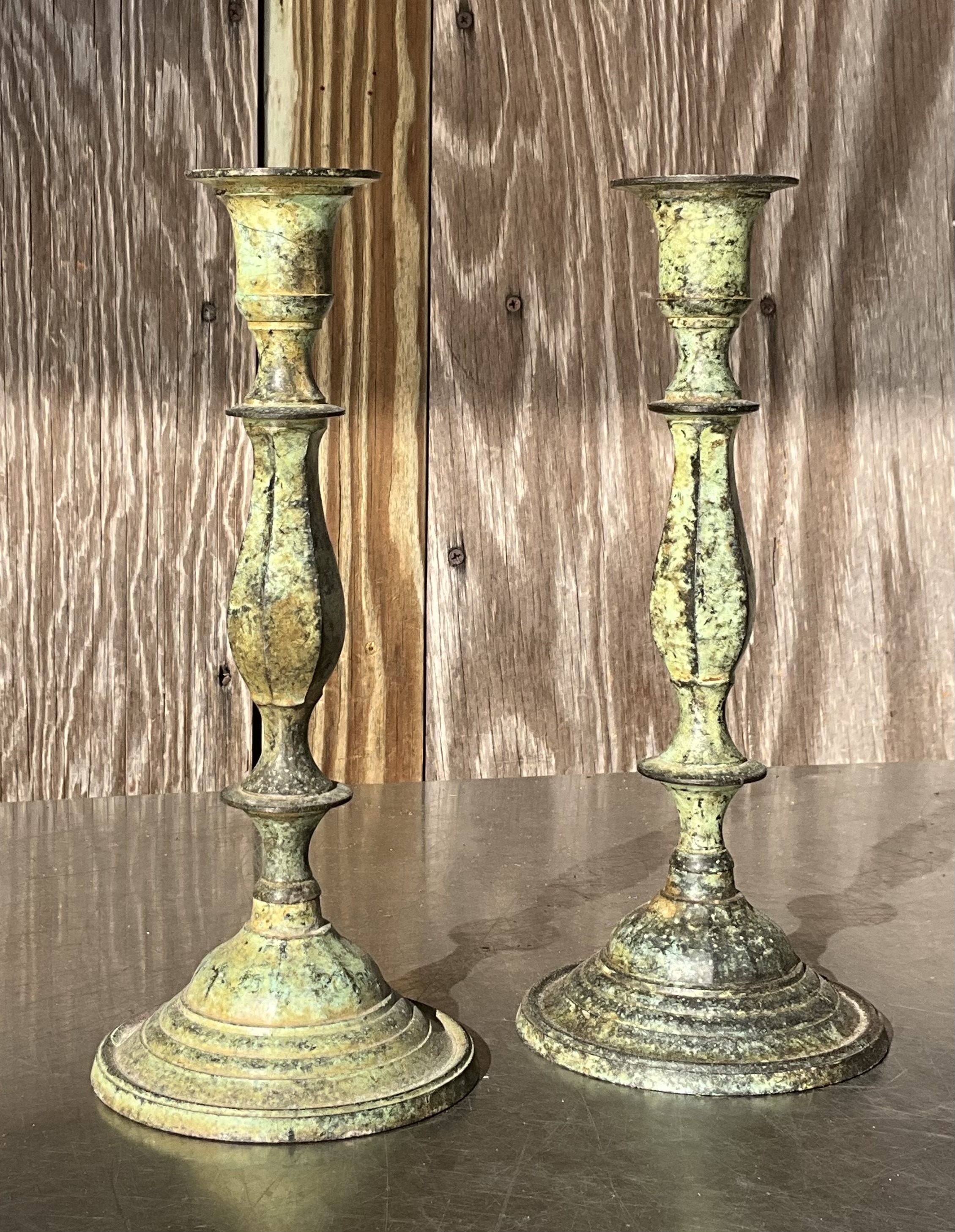 Vintage Boho Patinated Metal Candlesticks- a Pair - Top view