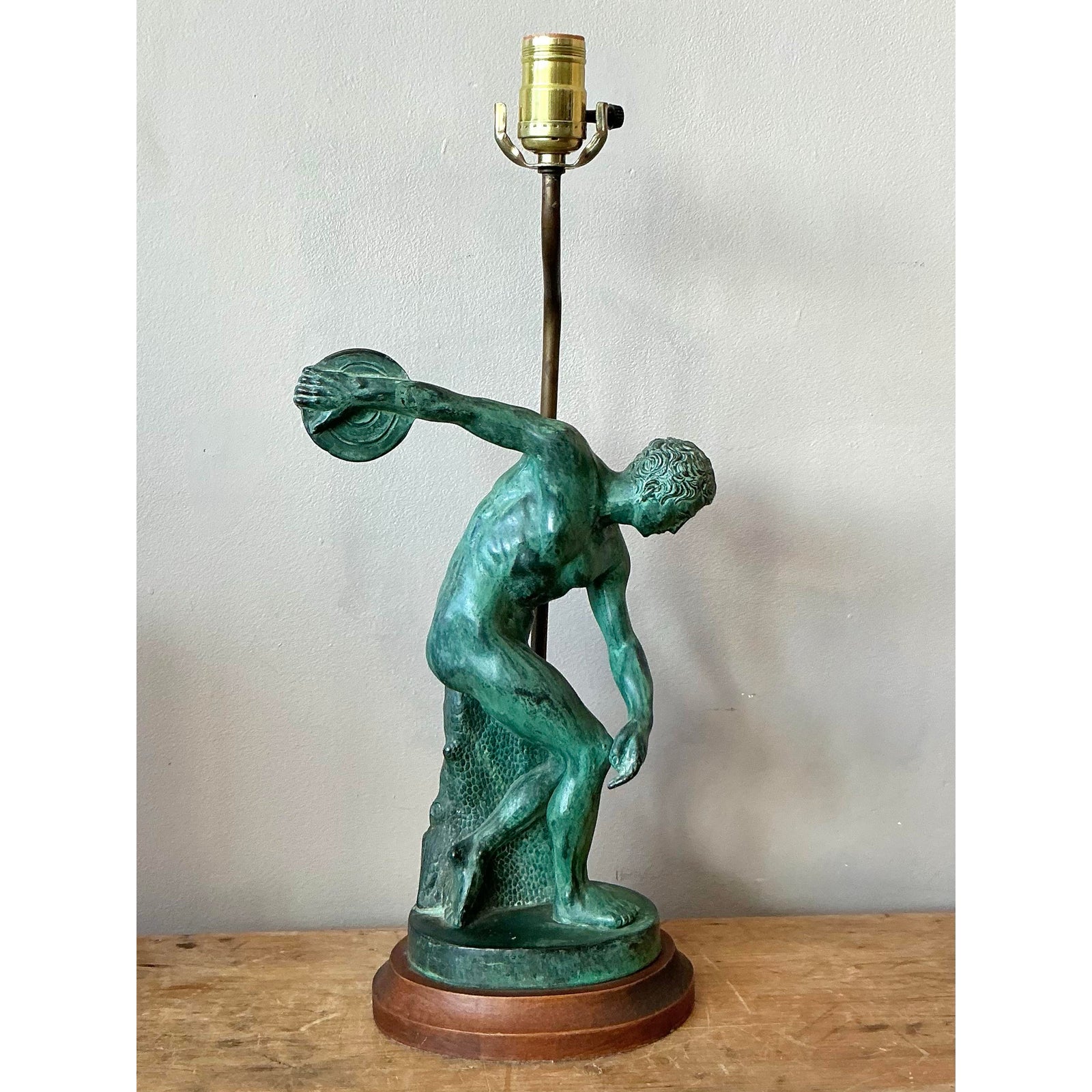  Vintage Boho Patinated Metal “Discobole of Myron” Lamp - Side view