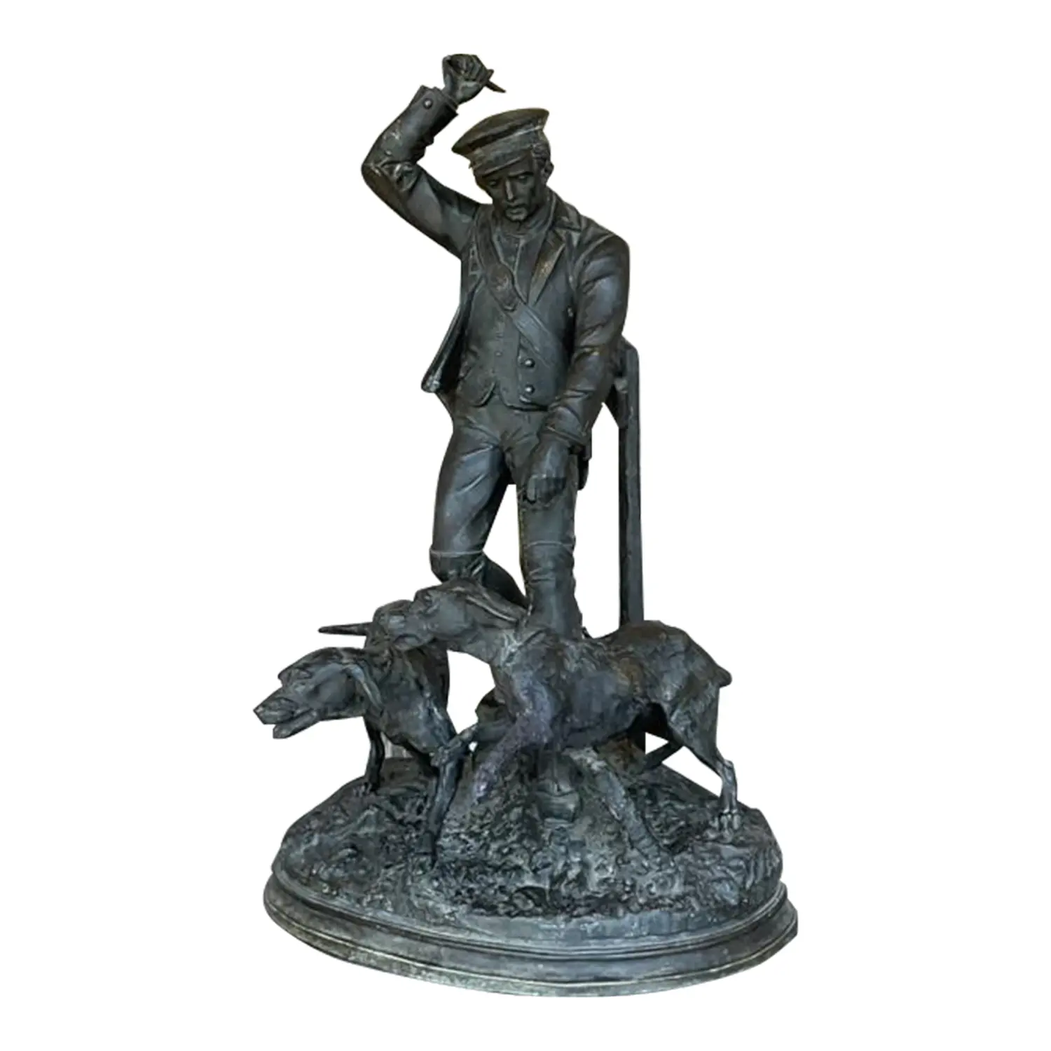 Vintage Boho Patinated Metal Man With Hounds Sculpture