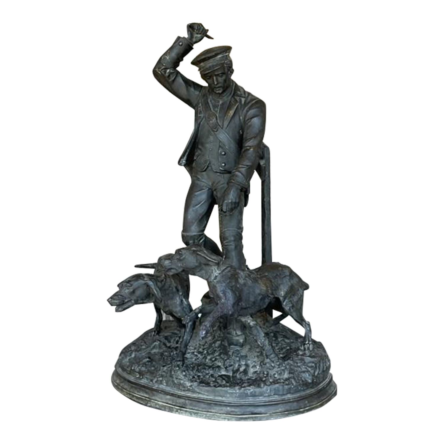 Vintage Boho Patinated Metal Man With Hounds Sculpture - Detail view