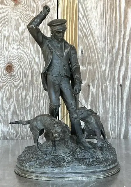 Vintage Boho Patinated Metal Man With Hounds Sculpture - Top view