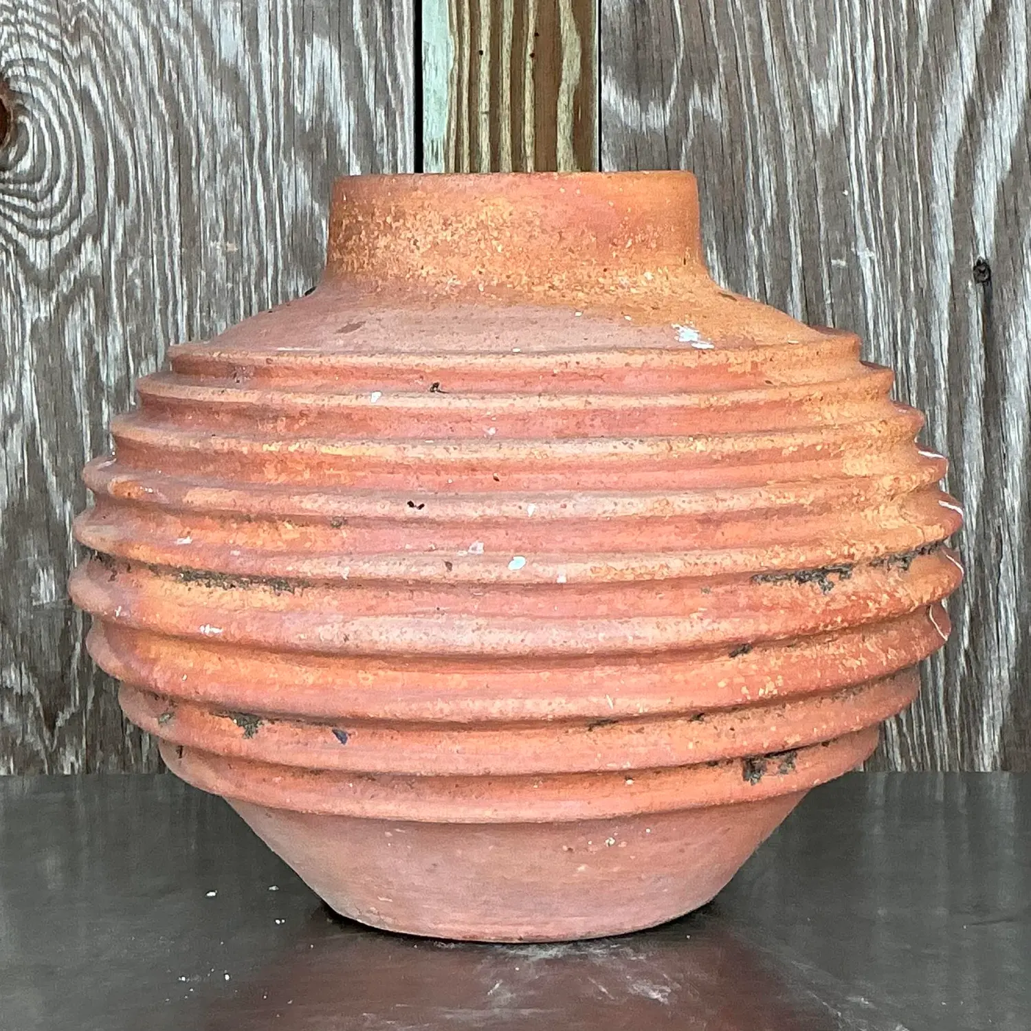 Vintage Boho Patinated Ribbed Terra Cotta Urn - Detail view