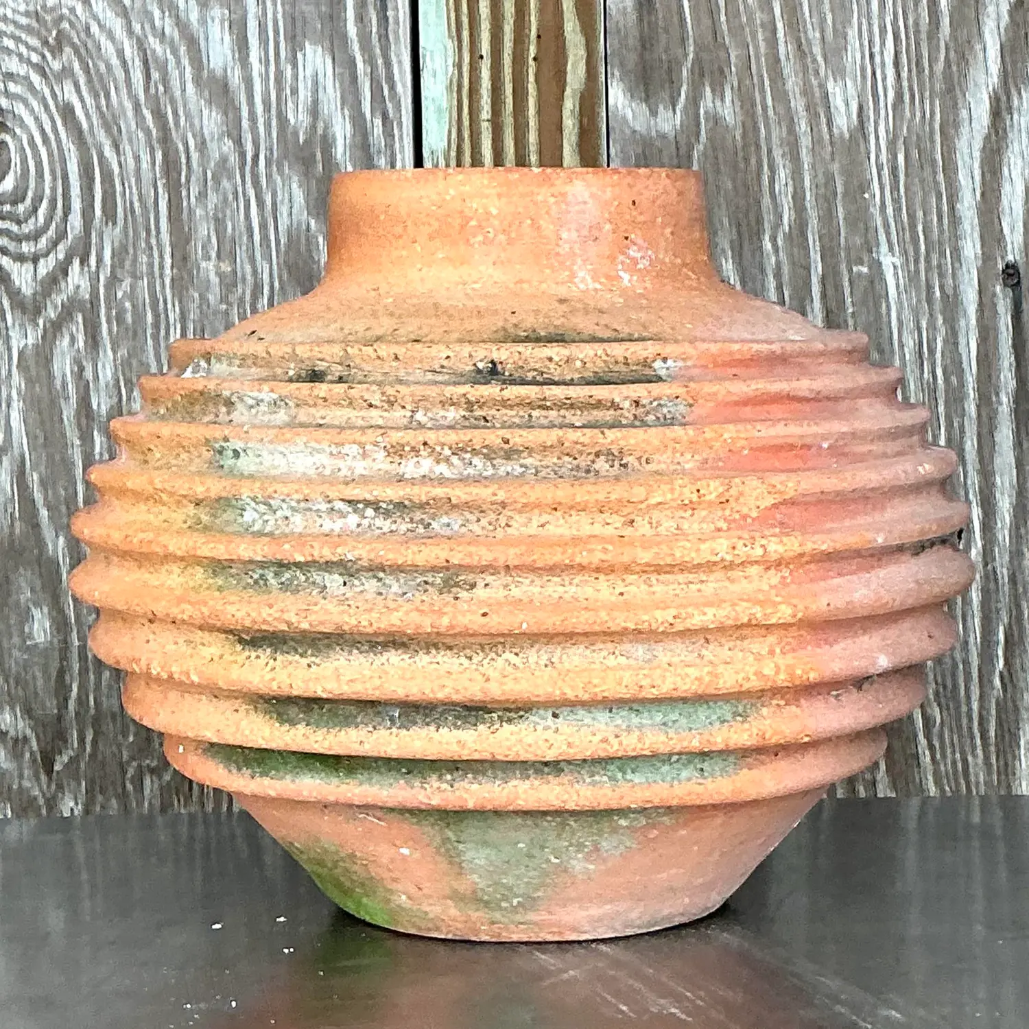 Vintage Boho Patinated Ribbed Terra Cotta Urn - Back view