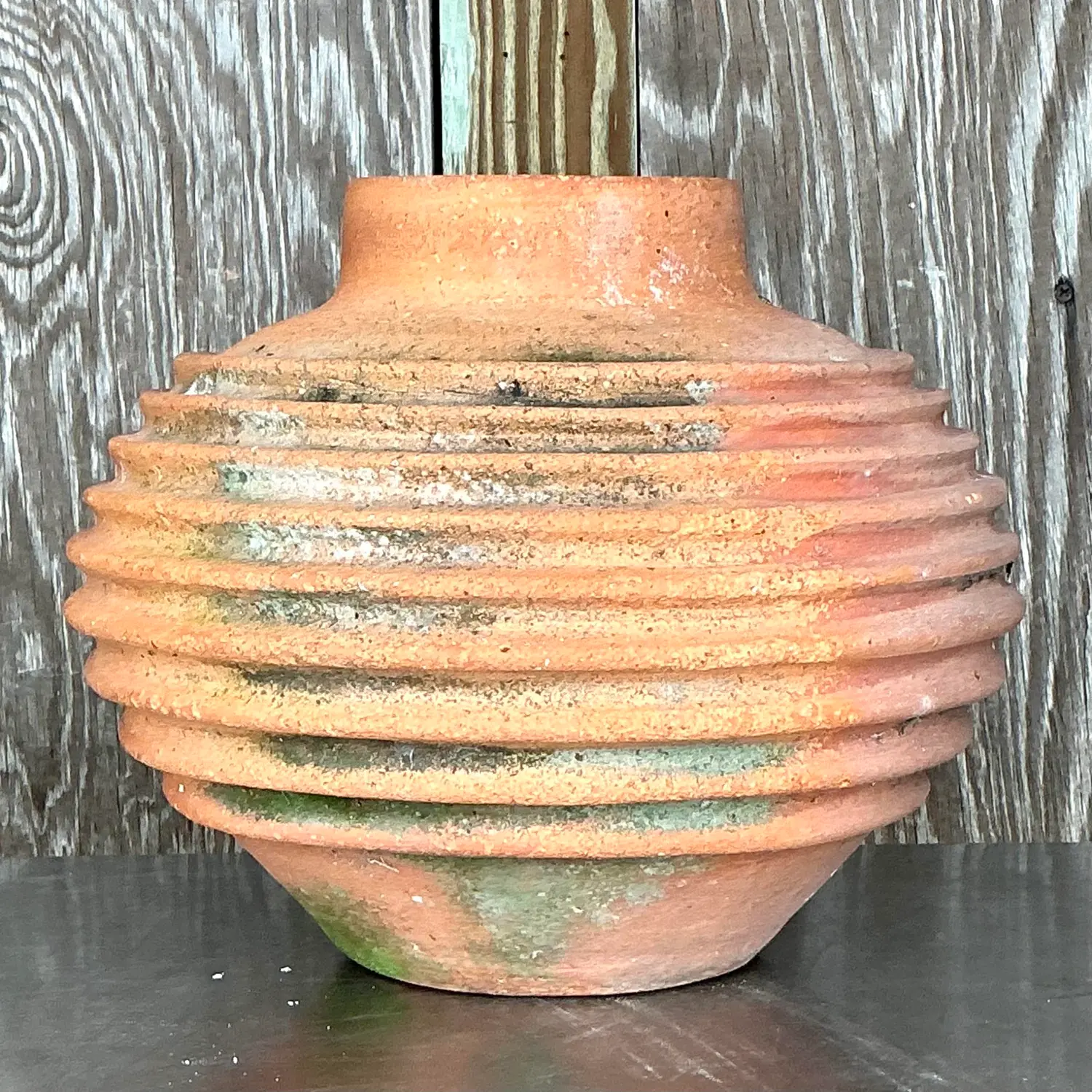 Vintage Boho Patinated Ribbed Terra Cotta Urn - Top view