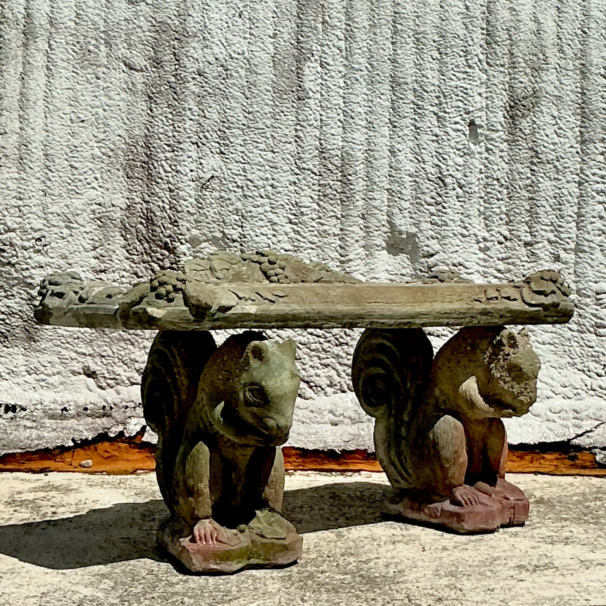 Vintage Boho Patinated Squirrel Bench - Side view