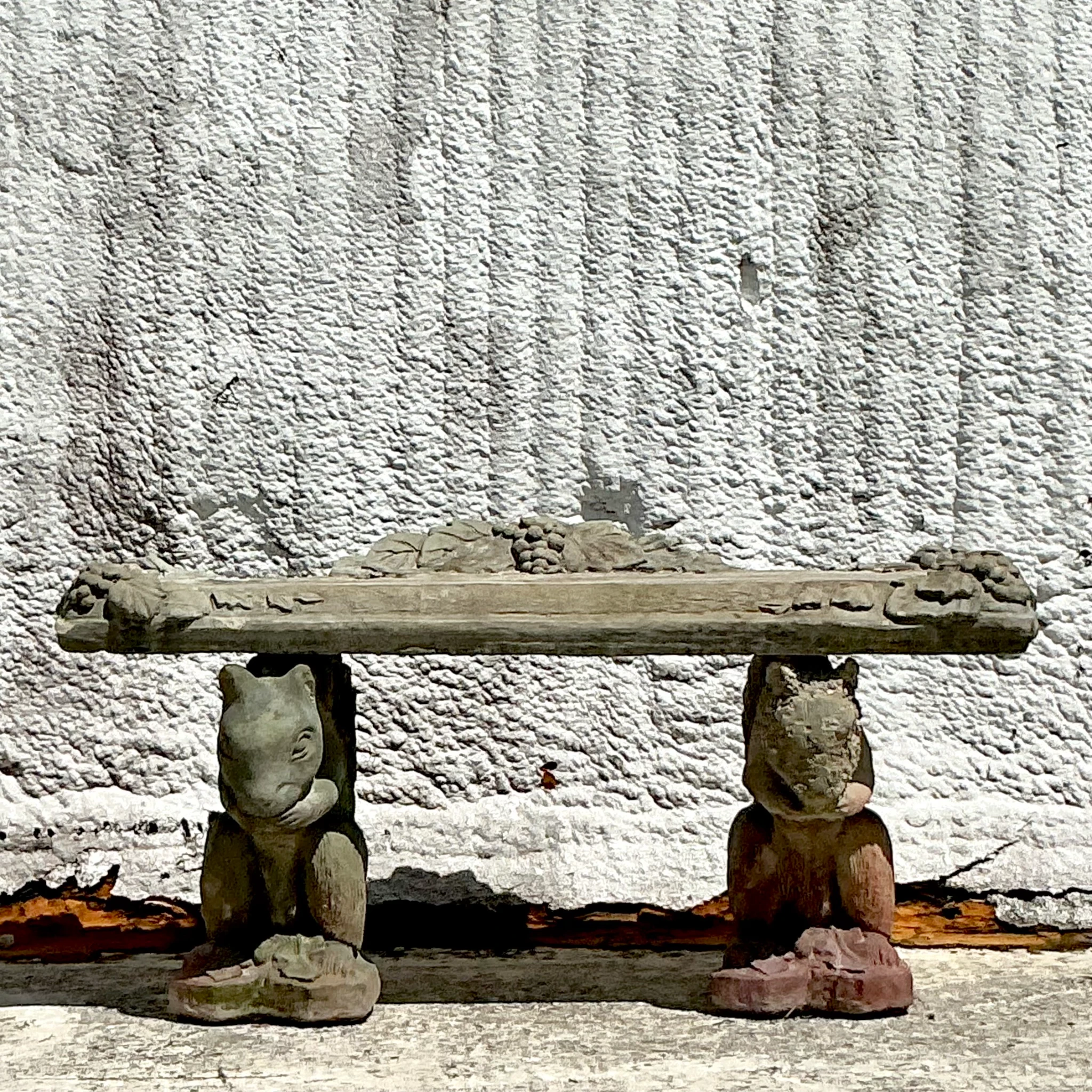 Vintage Boho Patinated Squirrel Bench - Back view