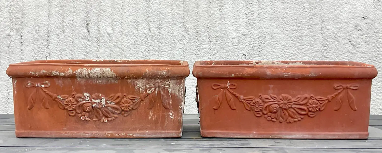 Vintage Boho Patinated Terra Cotta Planter Boxes - a Pair - Detail view