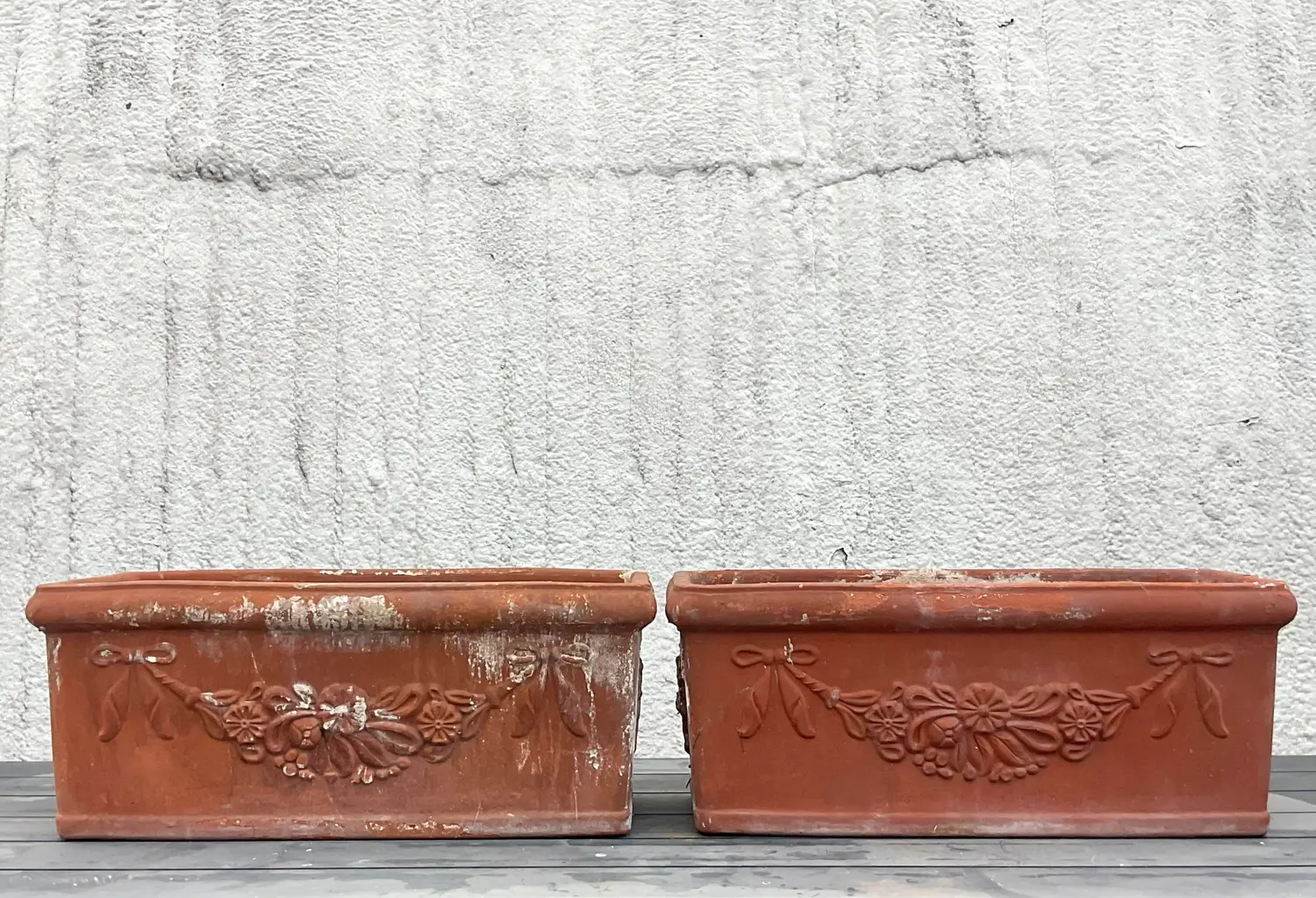 Vintage Boho Patinated Terra Cotta Planter Boxes - a Pair - Side view