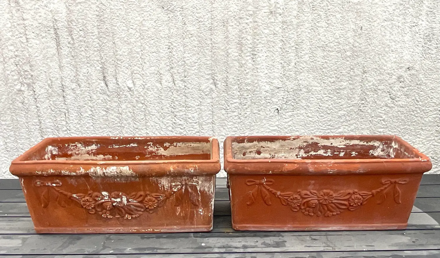 Vintage Boho Patinated Terra Cotta Planter Boxes - a Pair - Back view
