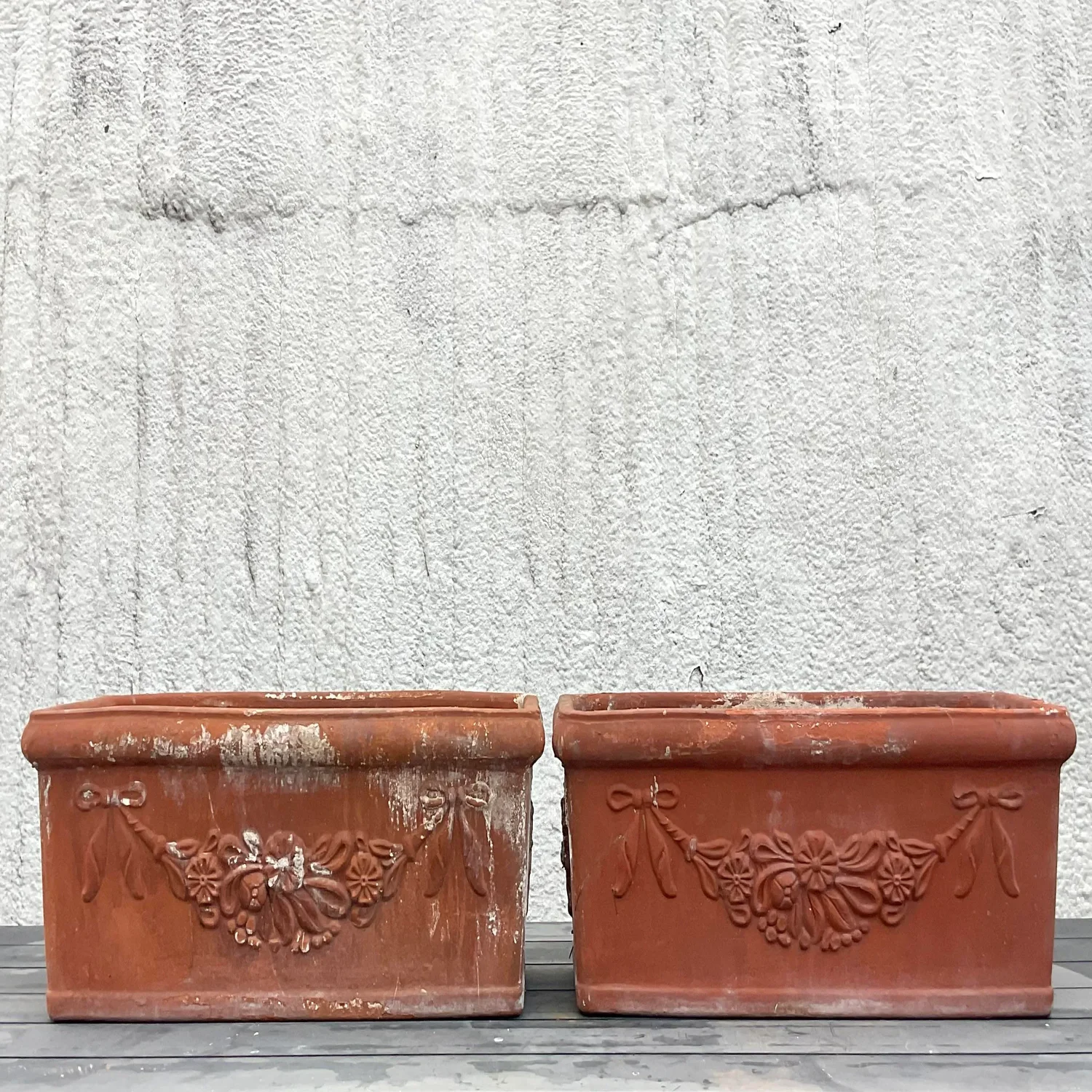 Vintage Boho Patinated Terra Cotta Planter Boxes - a Pair - Top view
