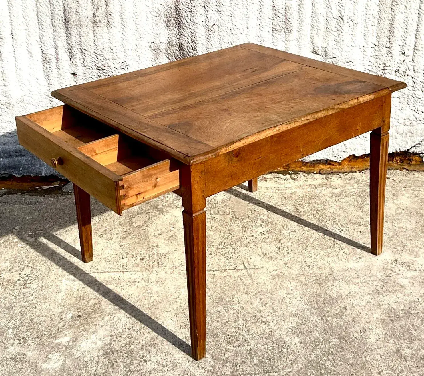 Vintage Boho Patinated Two Drawer Farm Table - Side view
