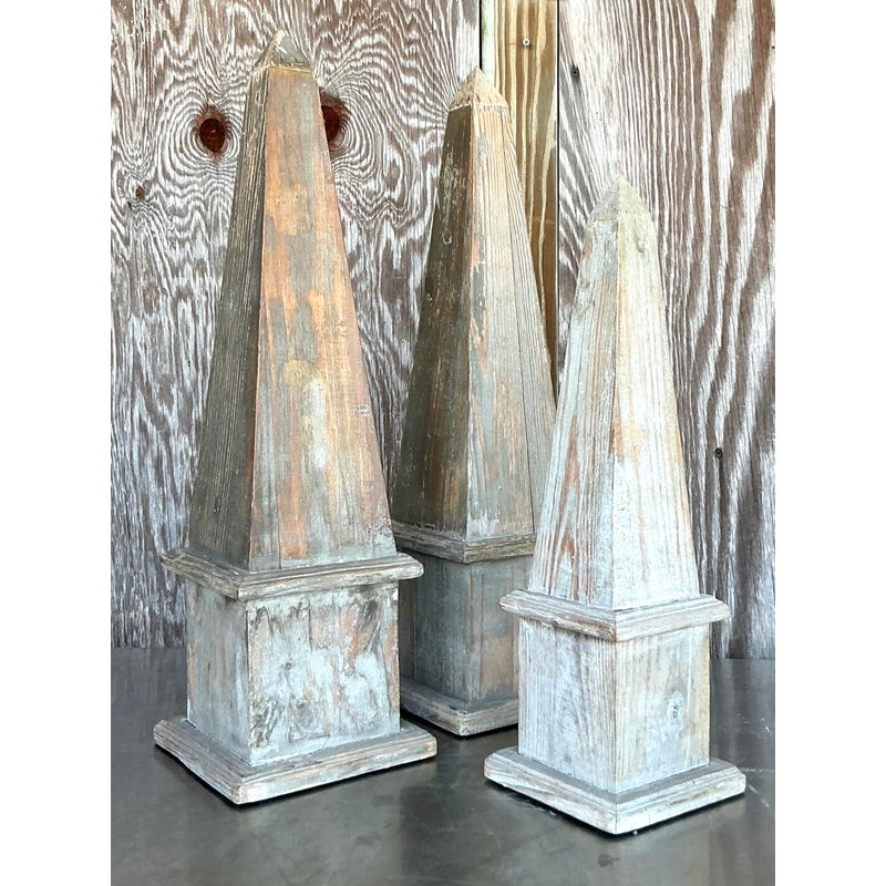 Vintage Boho Patinated Wood Obelisks - Set of 3 - Top view