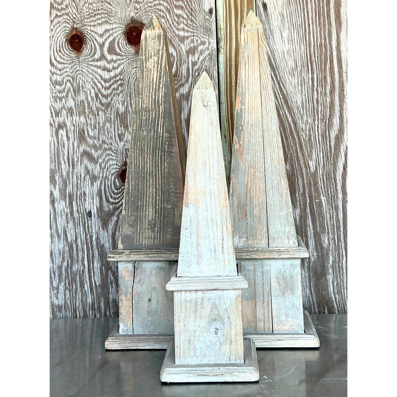 Vintage Boho Patinated Wood Obelisks - Set of 3 - Side view