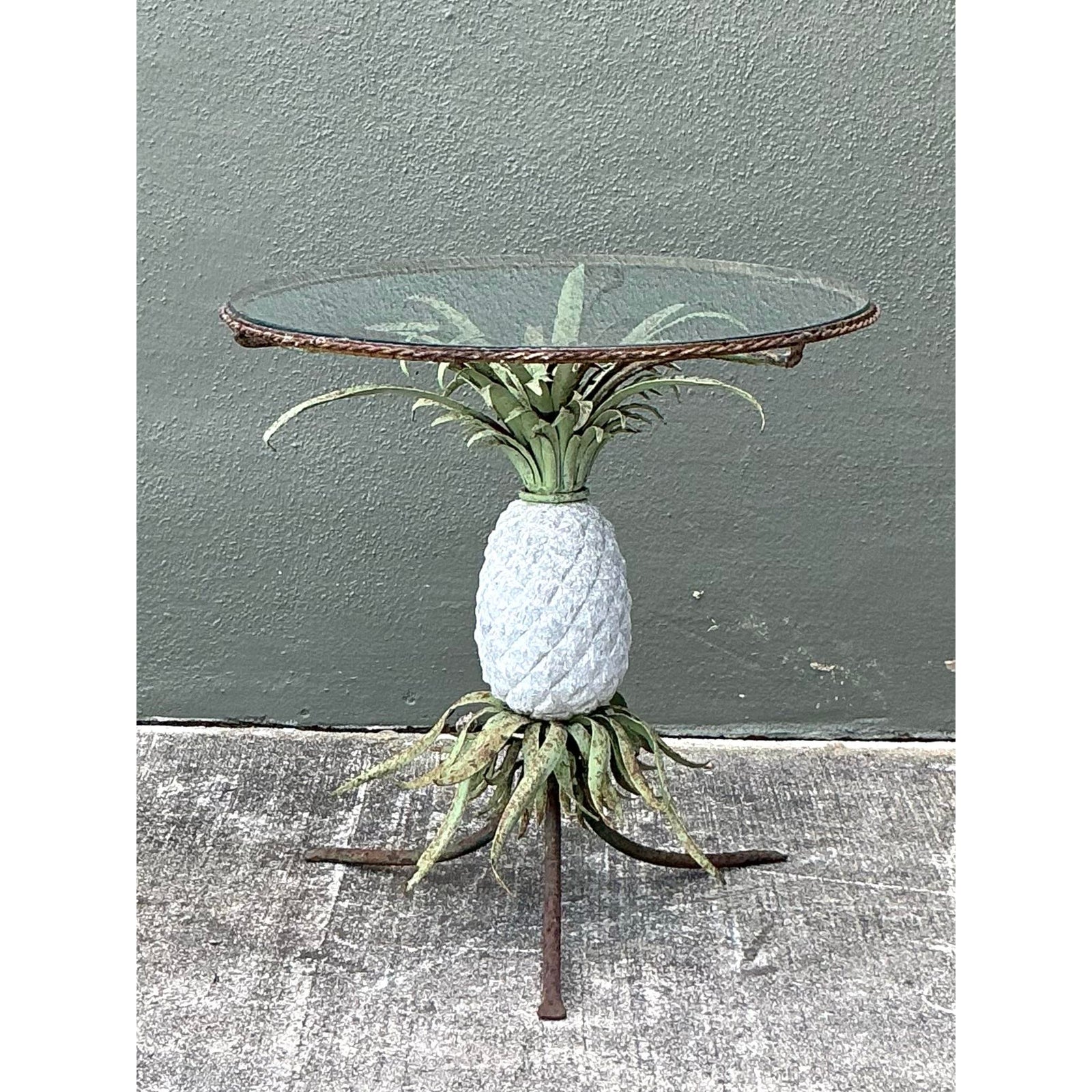 Vintage Boho Patinated Wrought Iron Pineapple Table - Side view