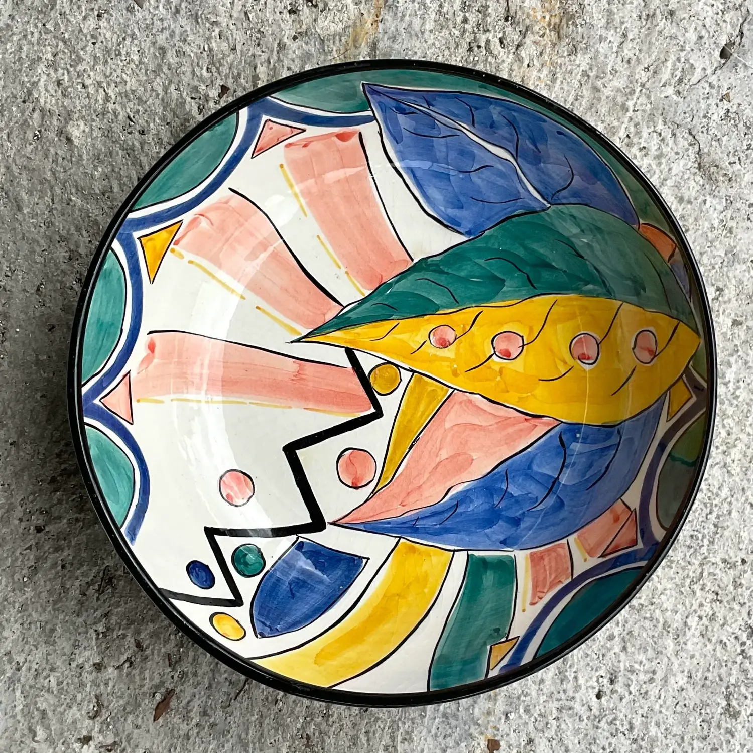 Vintage Boho Pereiras Portugal Glazed Ceramic Hand Painted Bowl - Detail view