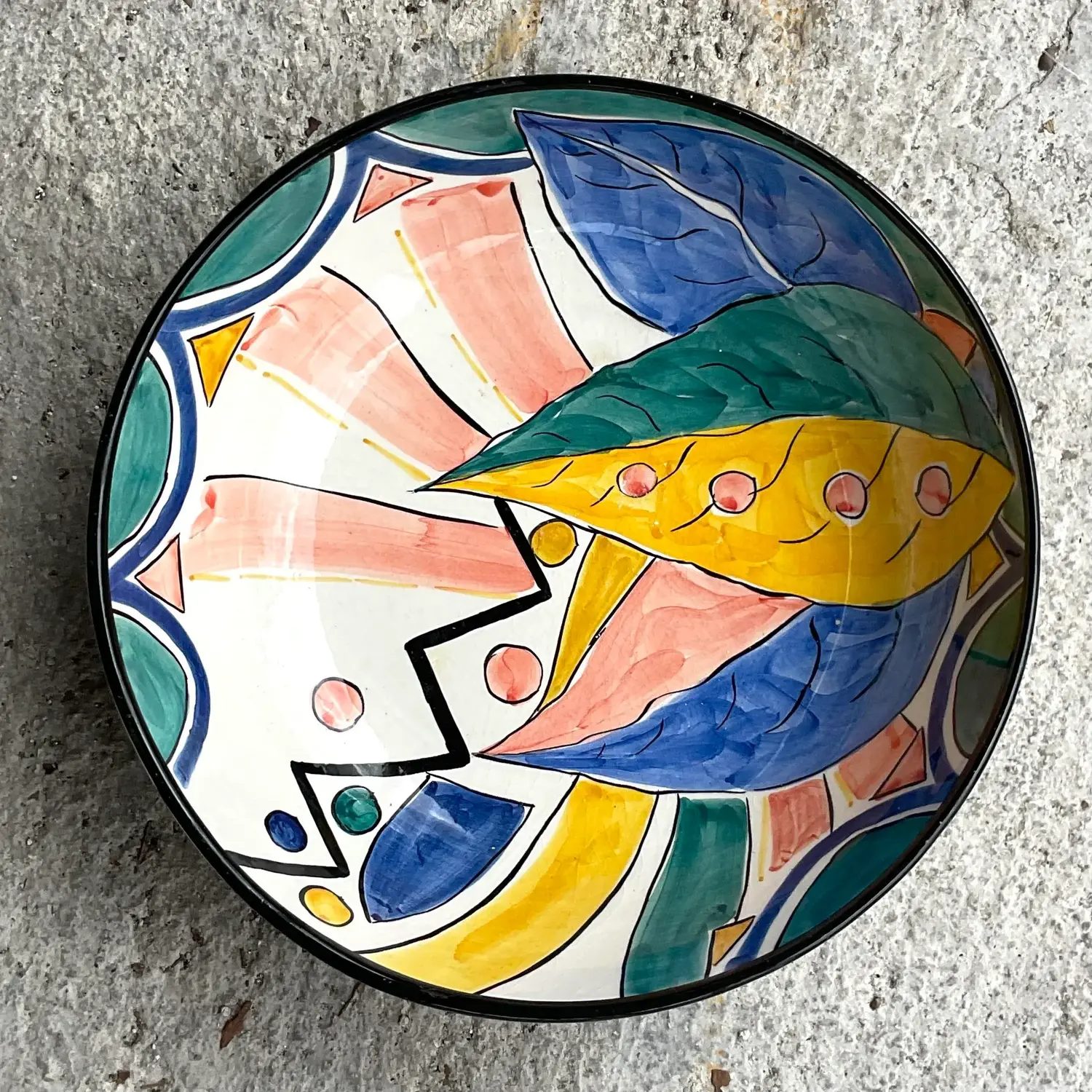 Vintage Boho Pereiras Portugal Glazed Ceramic Hand Painted Bowl - Side view