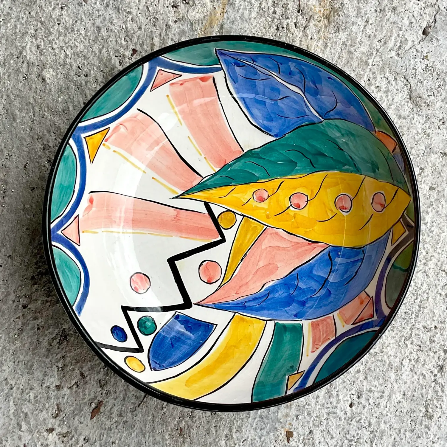 Vintage Boho Pereiras Portugal Glazed Ceramic Hand Painted Bowl - Back view