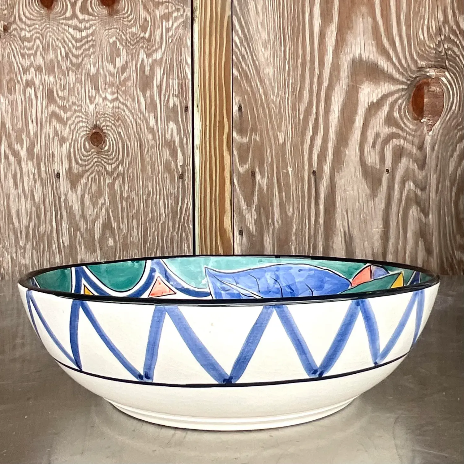 Vintage Boho Pereiras Portugal Glazed Ceramic Hand Painted Bowl - Top view