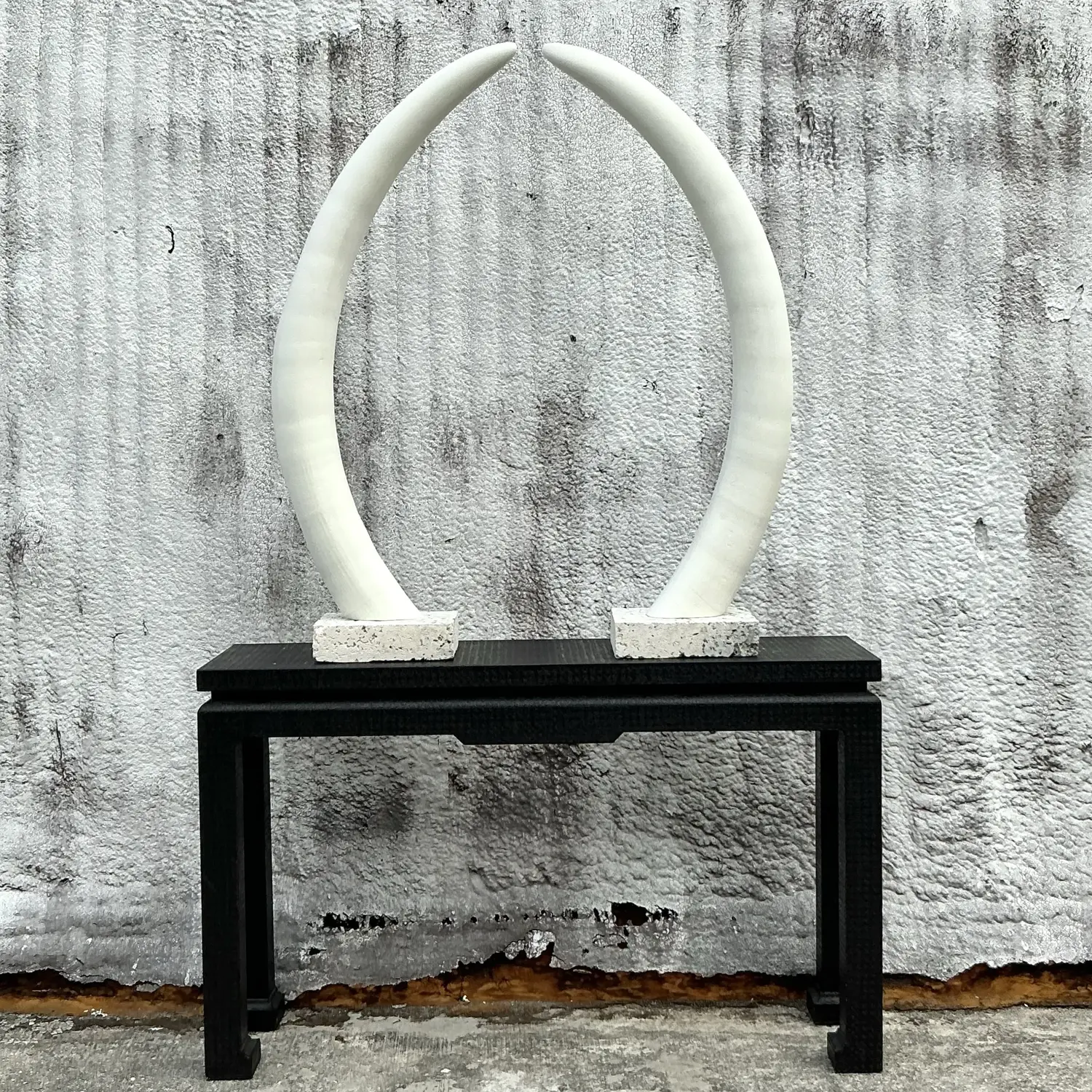 Vintage Boho Plaster Elephant Tusks on Coquina Plinth - a Pair - Side view