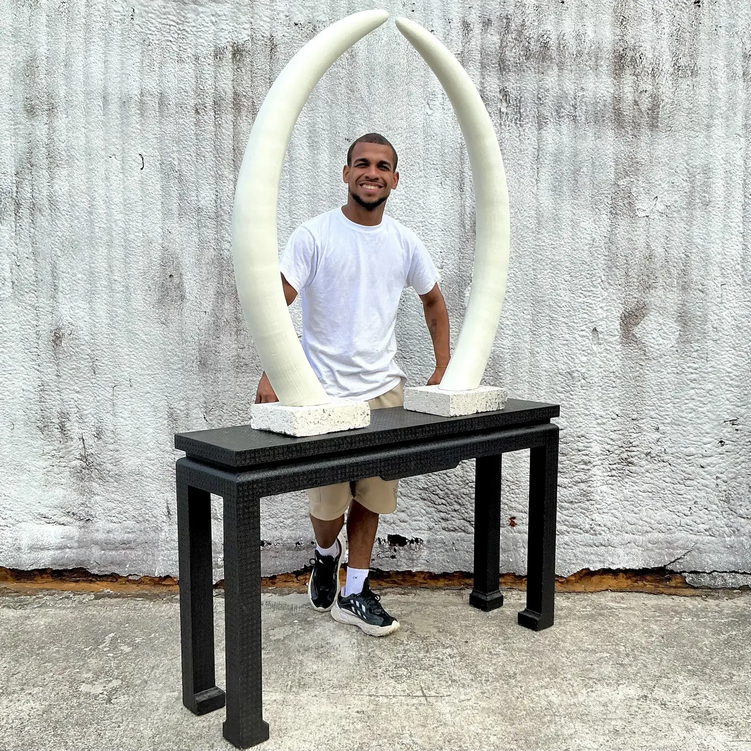 Vintage Boho Plaster Elephant Tusks on Coquina Plinth - a Pair - Top view