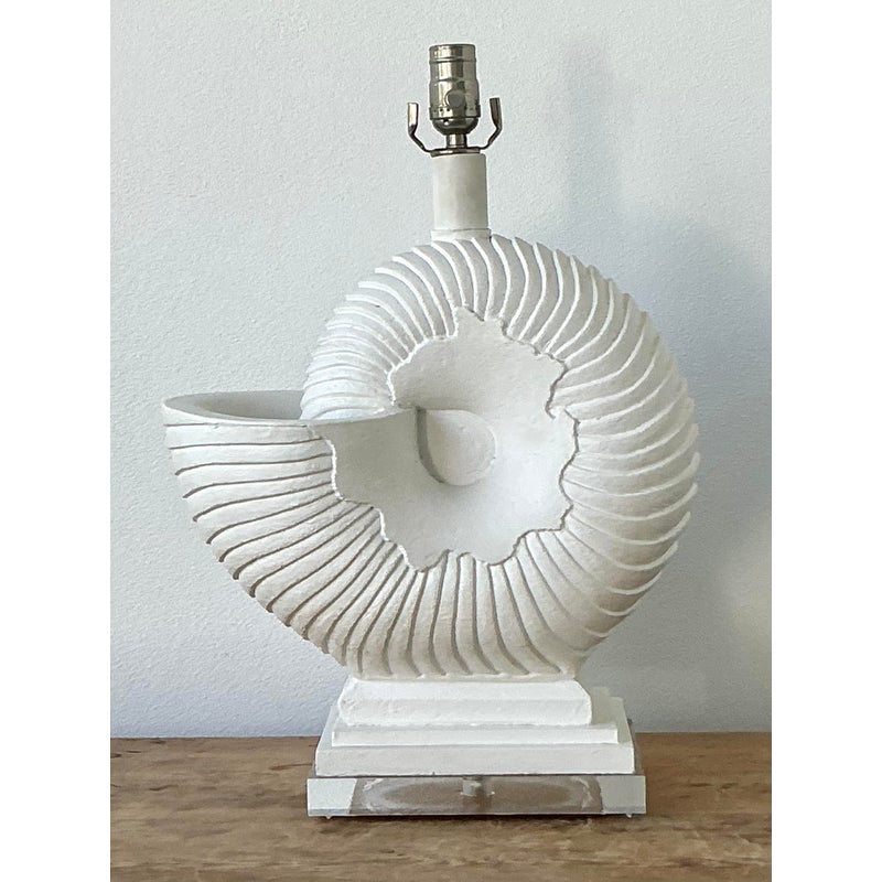 Vintage Boho Plaster Nautilus Shell Lamp - Side view