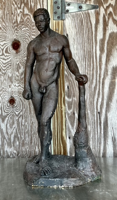 Vintage Boho Plaster Over Clay Sculpture Of Man  - Side view