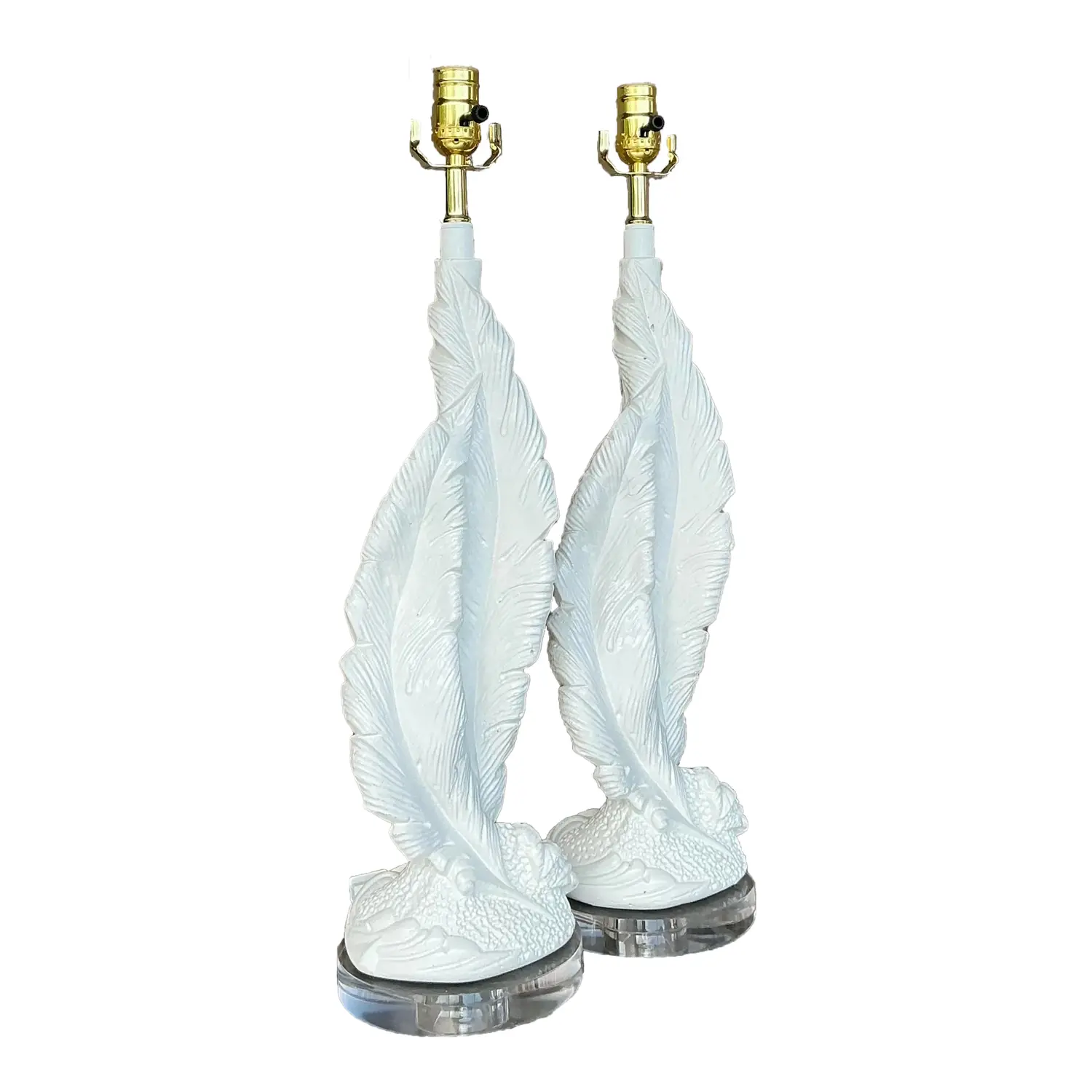 Vintage Boho Plaster Twisted Feather Lamps - a Pair