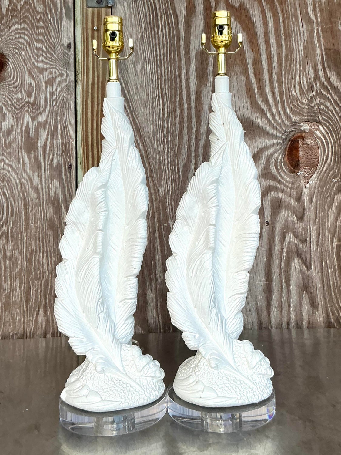 Vintage Boho Plaster Twisted Feather Lamps - a Pair - Back view