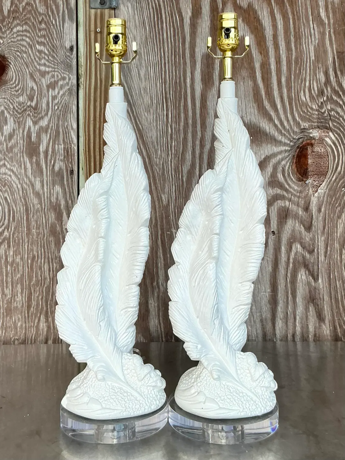 Vintage Boho Plaster Twisted Feather Lamps - a Pair - Side view